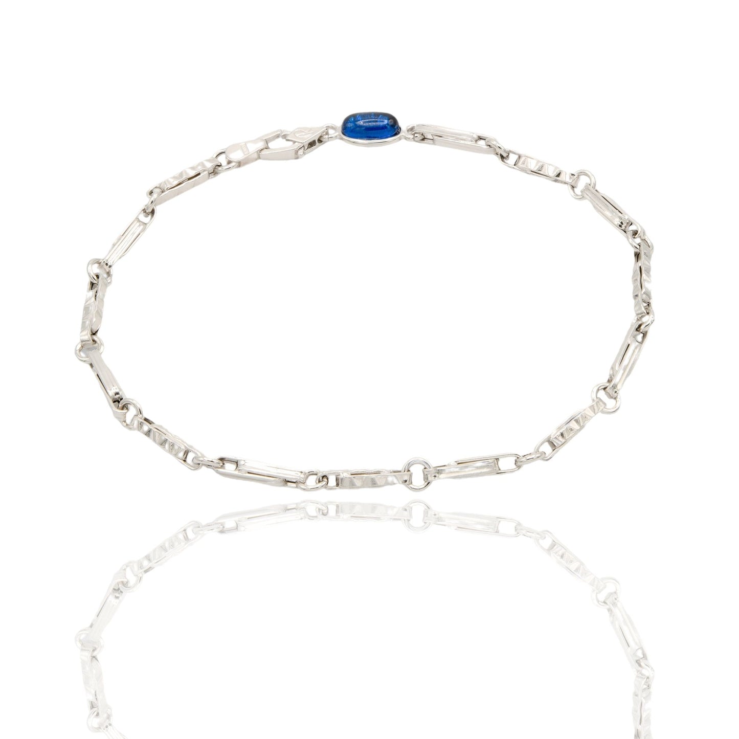 Bracciale Oro Bianco Oro 18 carati Catena Tubolare Rigata Alternata pietra blu cm. 21,5