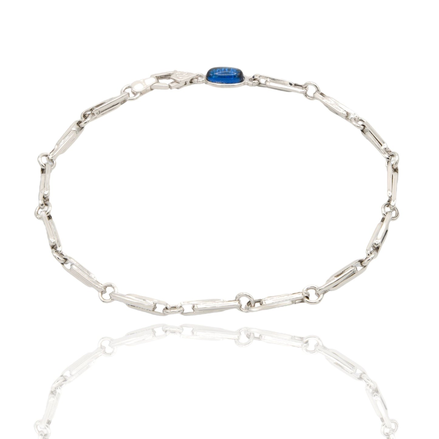 Bracciale Oro Bianco Oro 18 carati Catena Tubolare maglia lucida pietra blu cm. 21,5