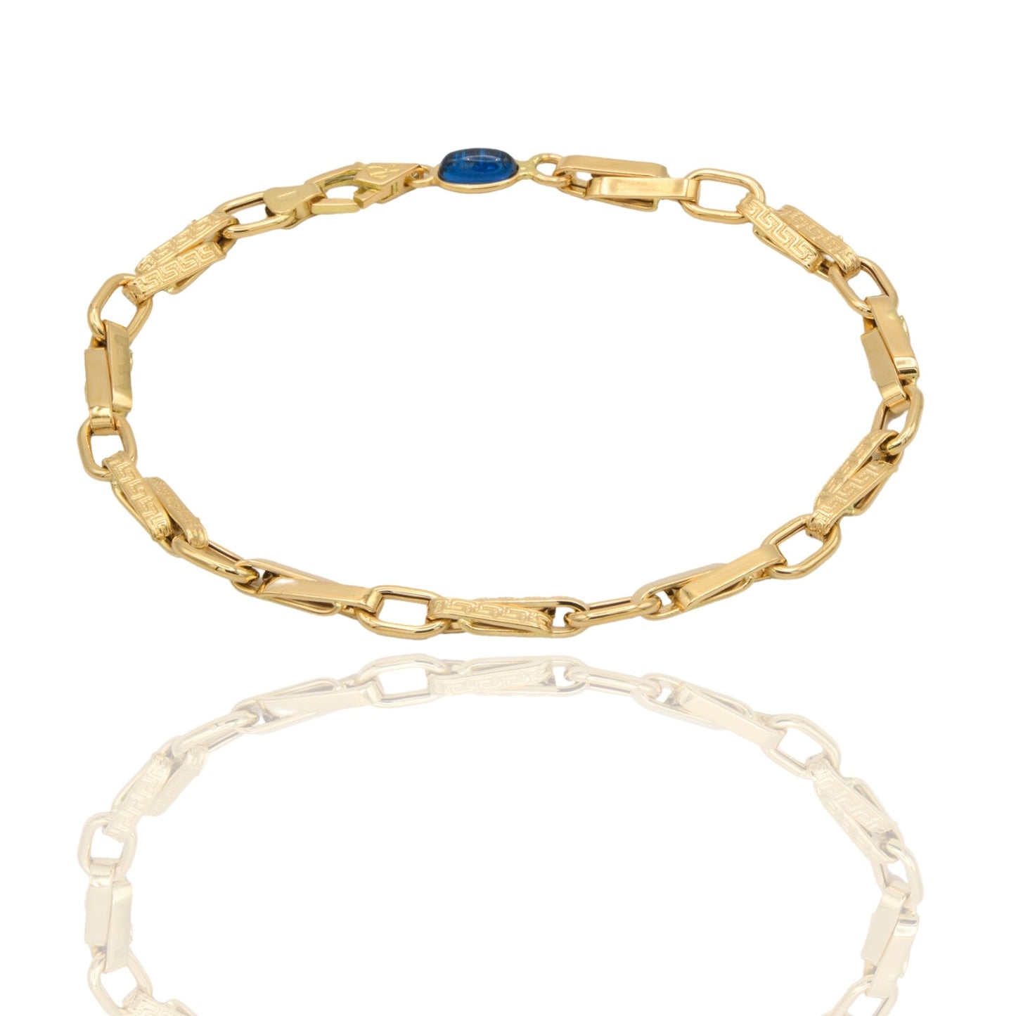 Bracciale Oro Giallo Oro 18 carati Catena intrecciata Con Greca pietra blu cm. 21,5