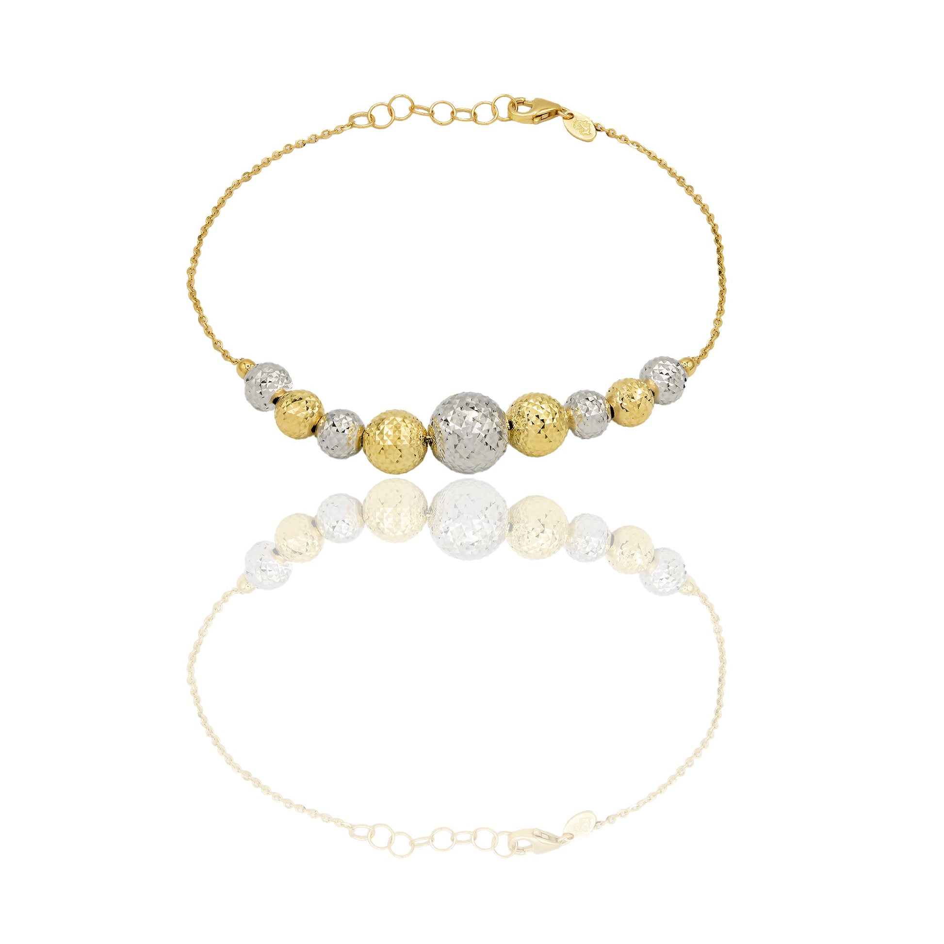 Bracciale Oro Giallo Oro Bianco Oro 18 carati Milleluci Sfere a scalare Solo Oro Lunghezza cm. 20 sfera mm.6/8/10