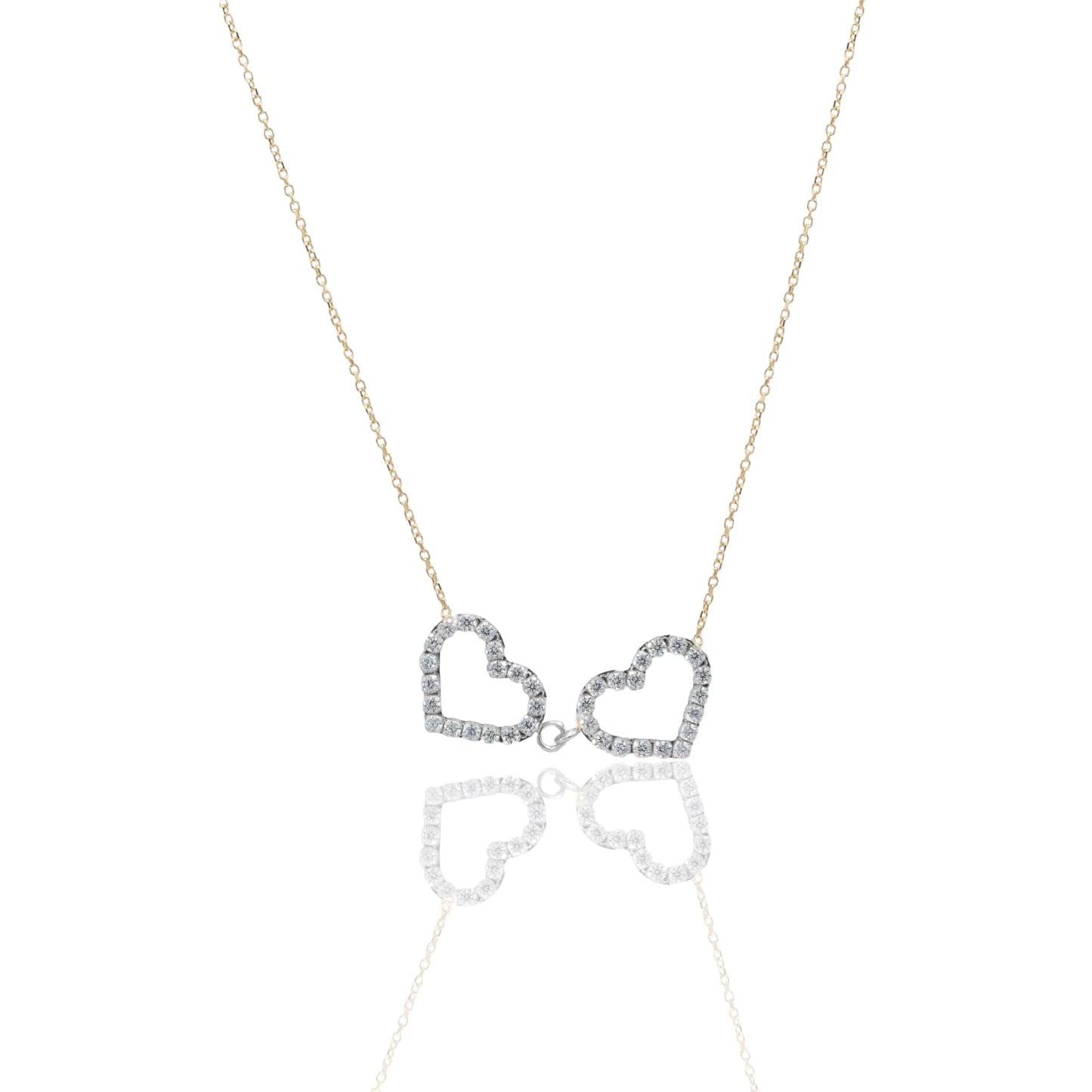 Collana Oro Giallo, Oro Bianco Oro 18 carati Girocollo 2 Cuori Zirconi Bianchi