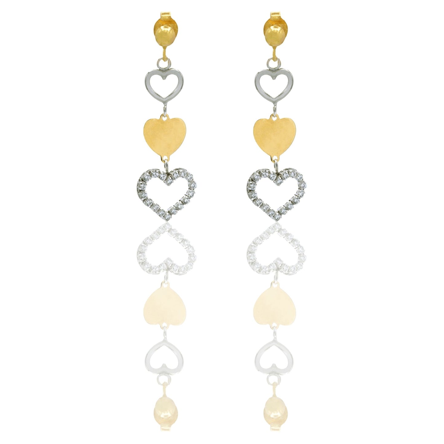 Orecchini Oro Giallo Oro Bianco Oro 18 carati 3 Cuori Pendenti Zirconi Bianchi