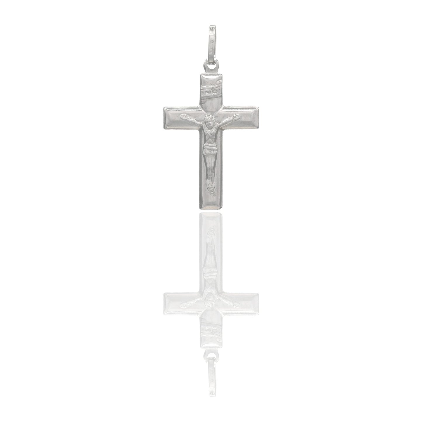 Ciondolo Oro Bianco Oro 18 carati Croce Piatta Cristo 3D Inri Solo Oro