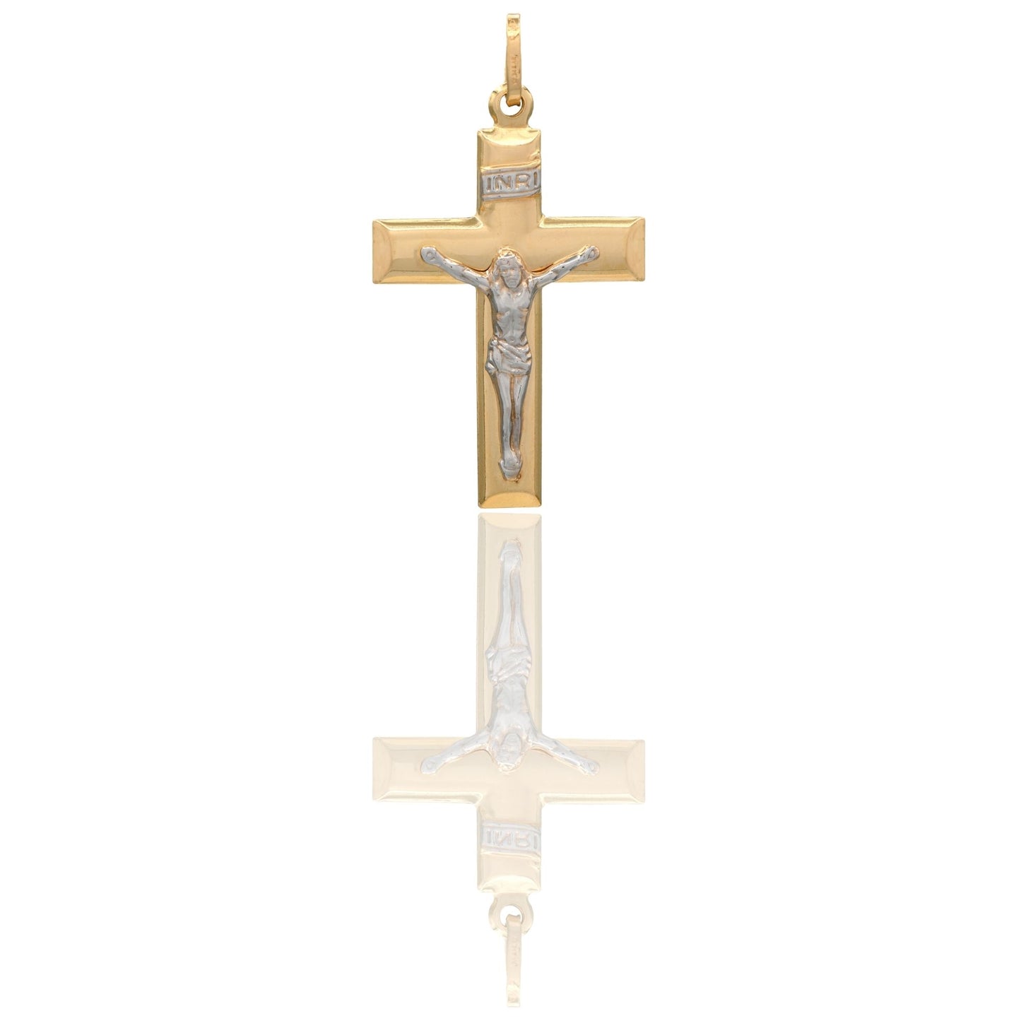 Ciondolo Oro Giallo Oro Bianco Oro 18 carati Croce Piatta Cristo 3D Inri Solo Oro cm.3,2x1,7