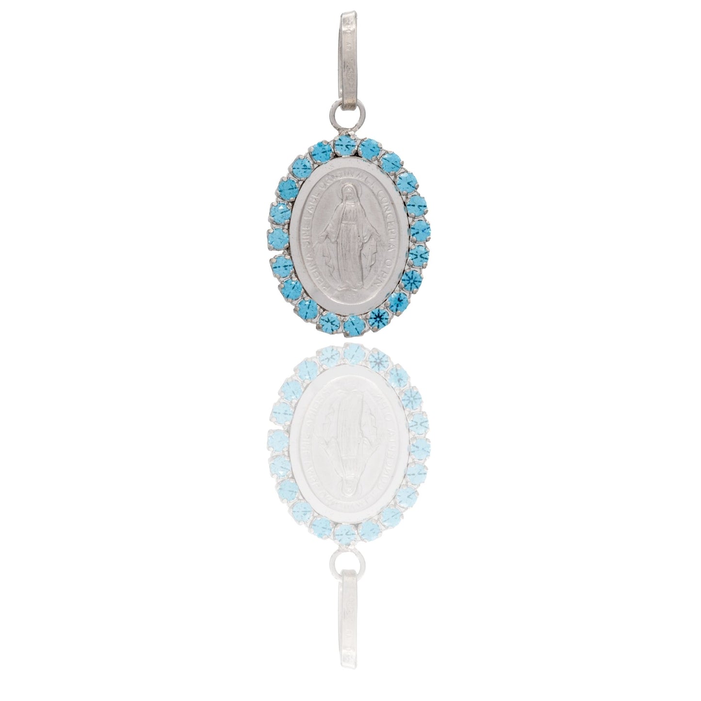 Ciondolo Oro Bianco Oro 18 carati Madonna Miracolosa Con Contorno Zirconi Azzurri cm.2,5