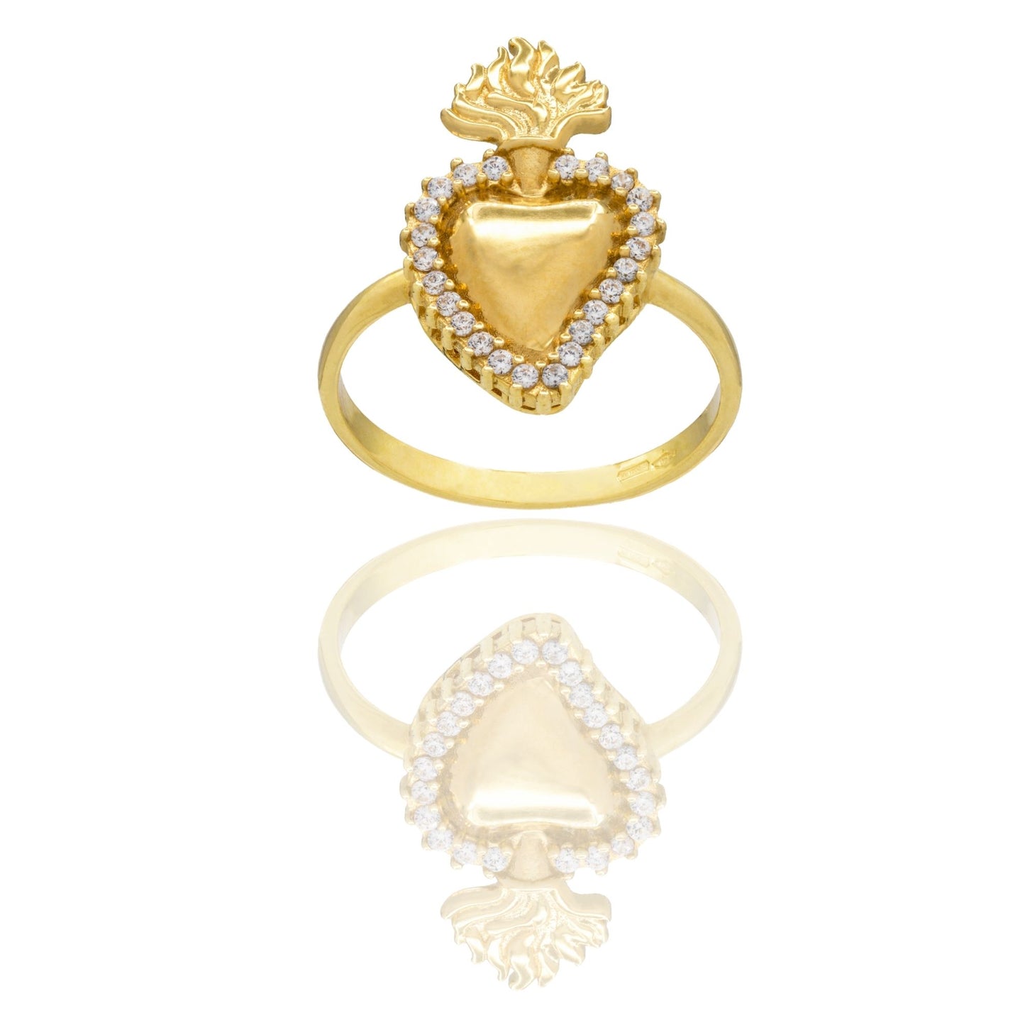 Anello Oro Giallo Oro 18 carati Cuore Sacro Con Contorno Pave' Zirconi Bianchi spessore gambo mm. 2,1 spessore cuore 2 cm