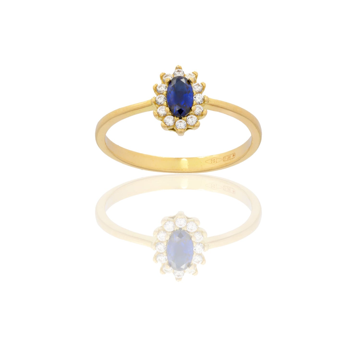 Anello Oro Giallo Oro 18 carati Modello Kate Centro E Contorno Zirconi Bianchi, Zircone Blu