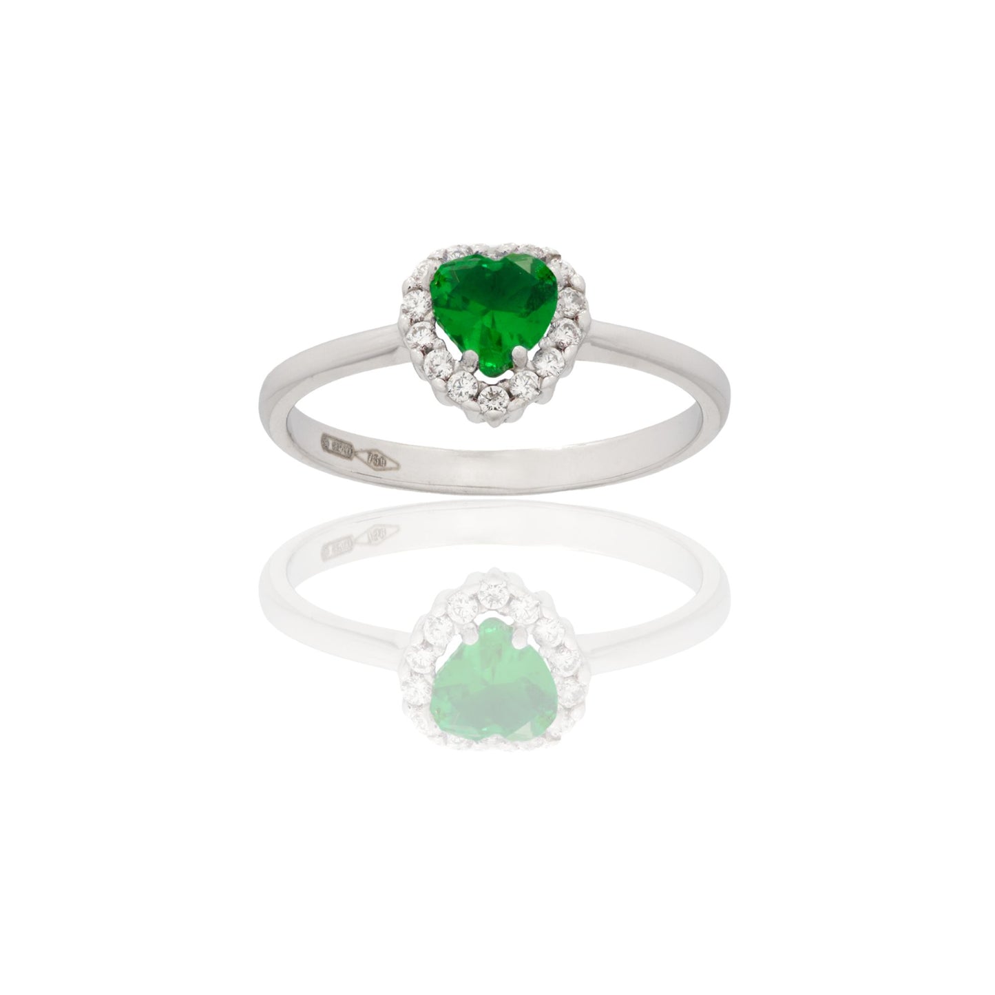 Anello Oro Bianco Oro 18 carati Cuore Centro E Contorno Zirconi Bianchi, Zircone Verde