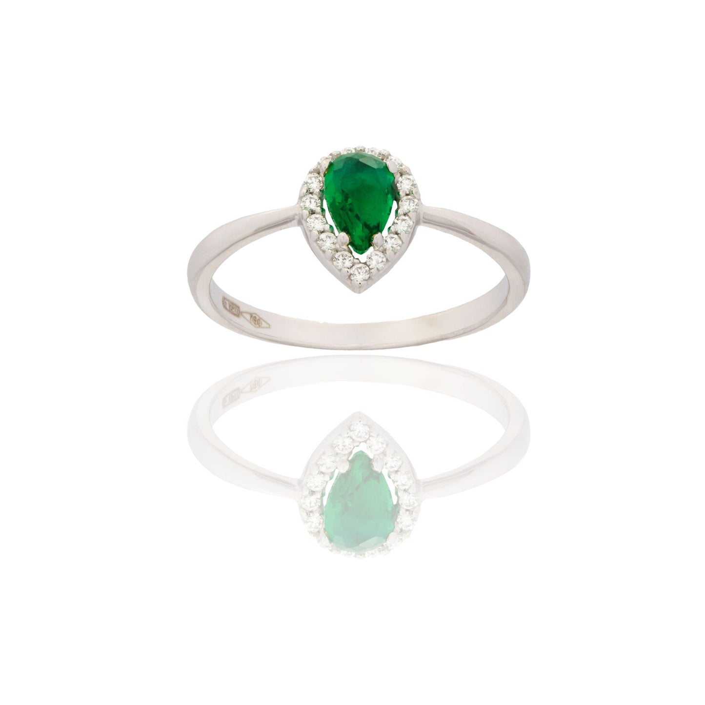 Anello Oro Bianco Oro 18 carati Goccia Centro E Contorno Zirconi Bianchi, Zircone Verde