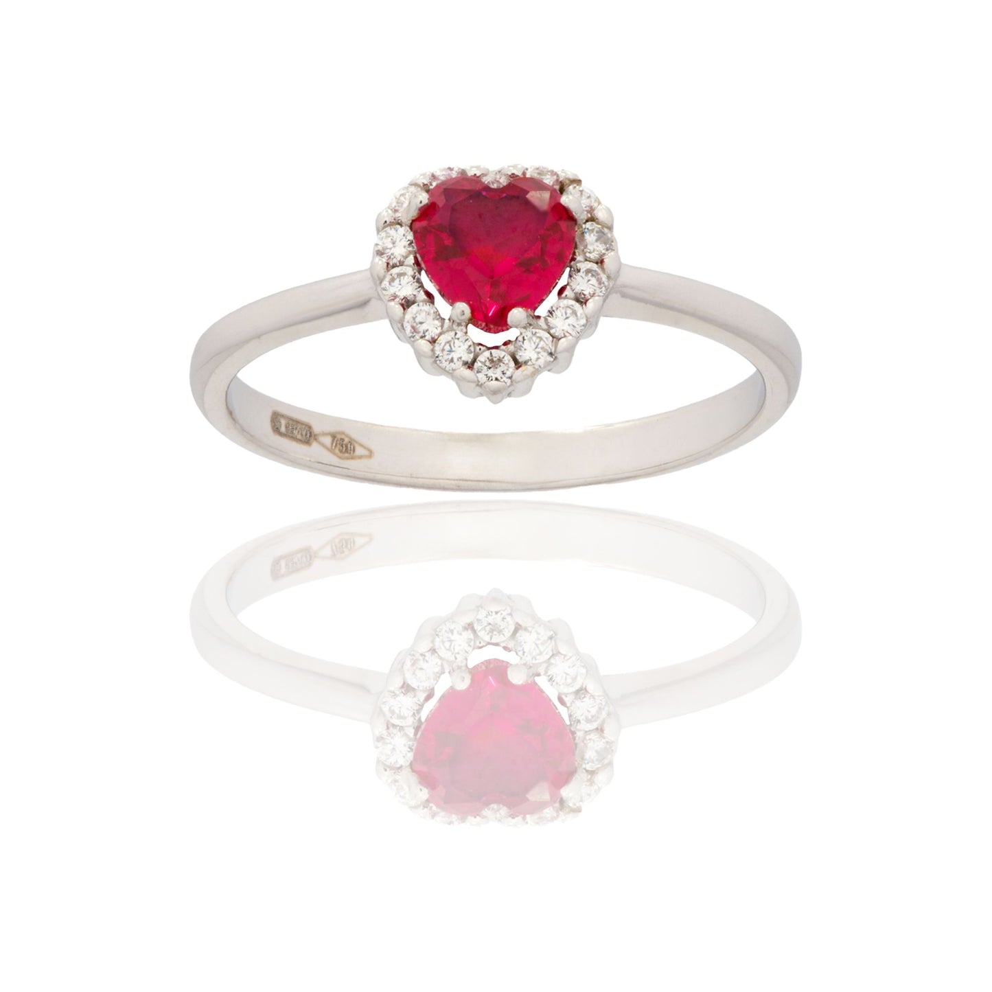 Anello Oro Bianco Oro 18 carati Cuore Centro E Contorno Zirconi Bianchi, Zircone Rosso