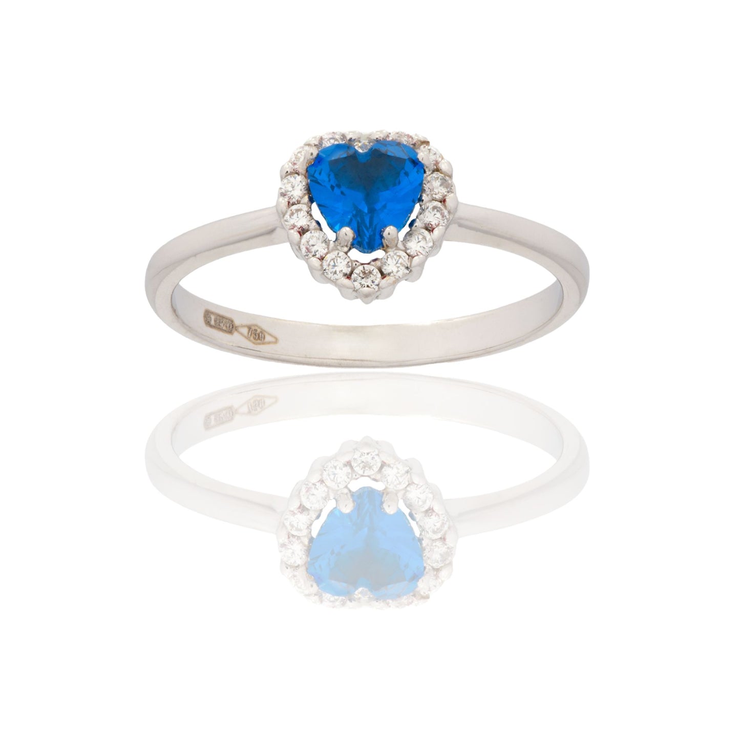 Anello Oro Bianco Oro 18 carati Cuore Centro E Contorno Zirconi Bianchi, Zircone Blu
