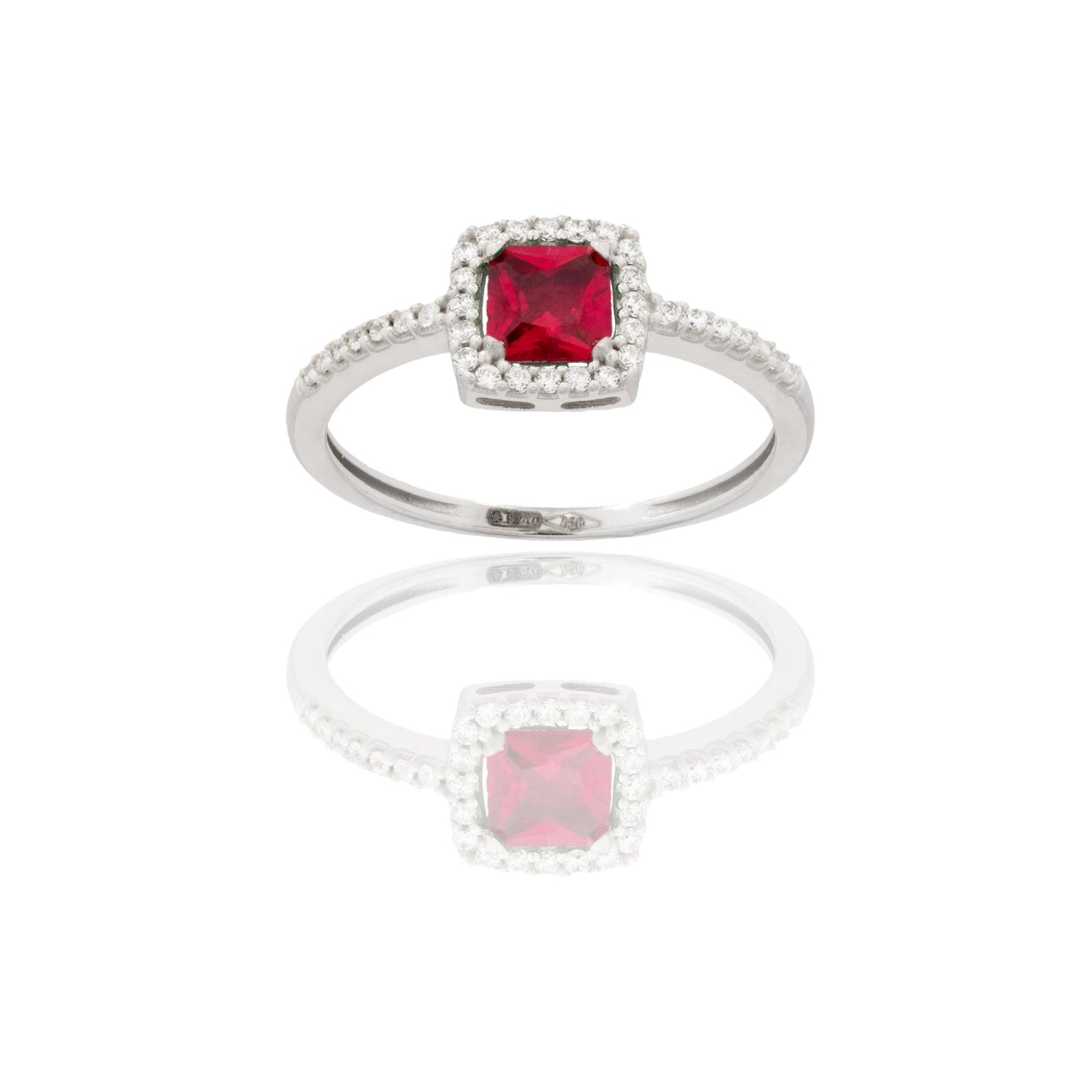 Anello Oro Bianco Oro 18 carati Quadrato Centro E Contorno Zirconi Bianchi, Zircone Rosso