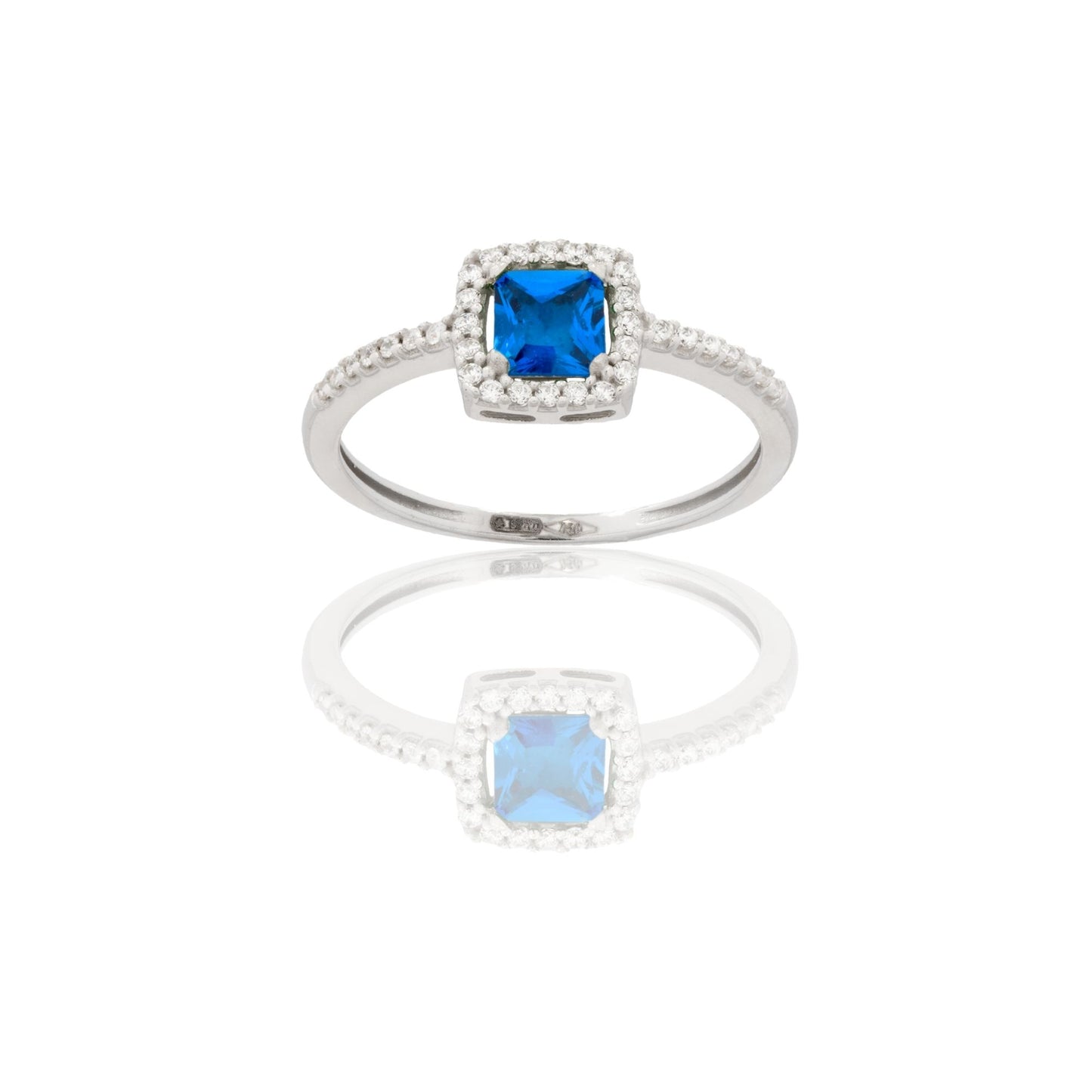 Anello Oro Bianco Oro 18 carati Quadrato Centro E Contorno Zirconi Bianchi, Zircone Blu
