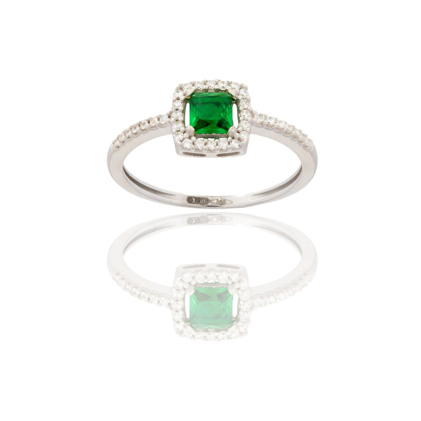 Anello Oro Bianco Oro 18 carati Quadrato Centro E Contorno Zirconi Bianchi, Zircone Verde