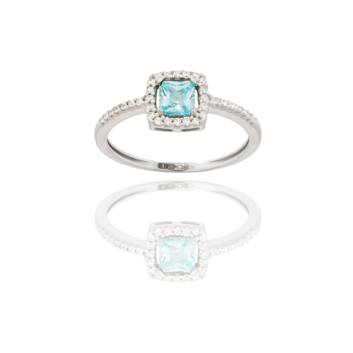 Anello Oro Bianco Oro 18 carati Quadrato Centro E Contorno Zirconi Bianchi, Zircone Azzurro