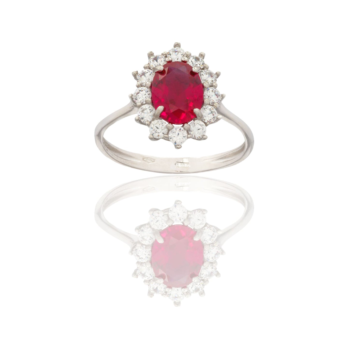 Anello Oro Bianco Oro 18 carati Modello Kate Centro E Contorno Zirconi Bianchi, Zircone Rosso