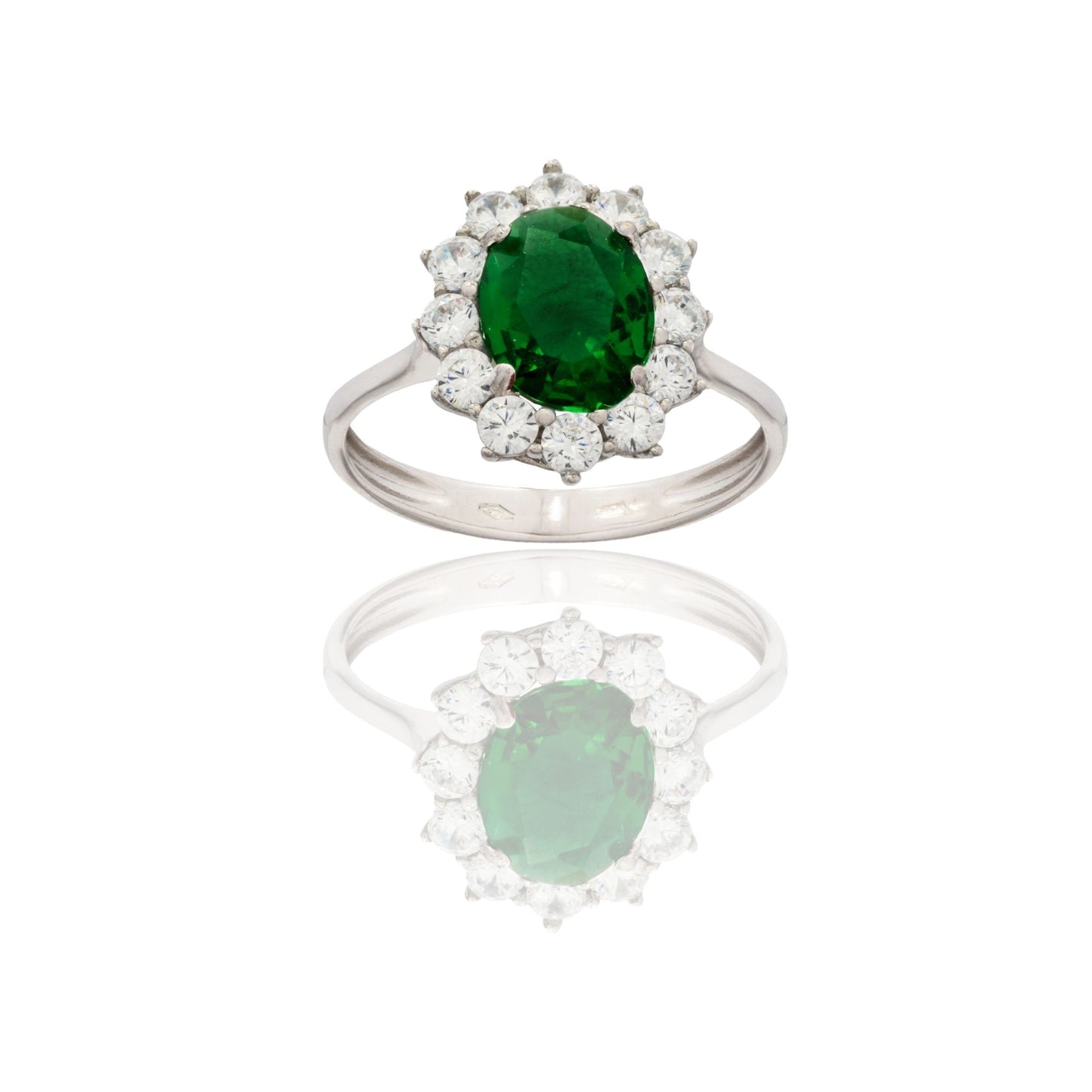 Anello Oro Bianco Oro 18 carati Modello Kate Centro E Contorno Zirconi Bianchi, Zircone Verde