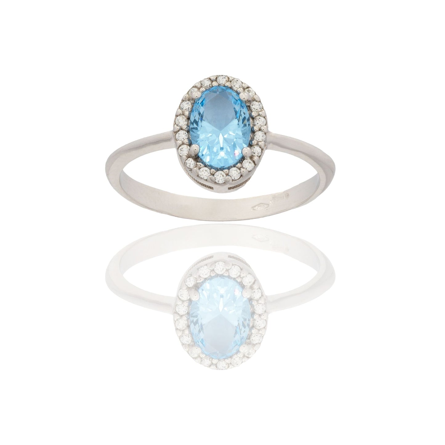 Anello Oro Bianco Oro 18 carati Ovale Centro E Contorno Zirconi Bianchi, Zircone Azzurro
