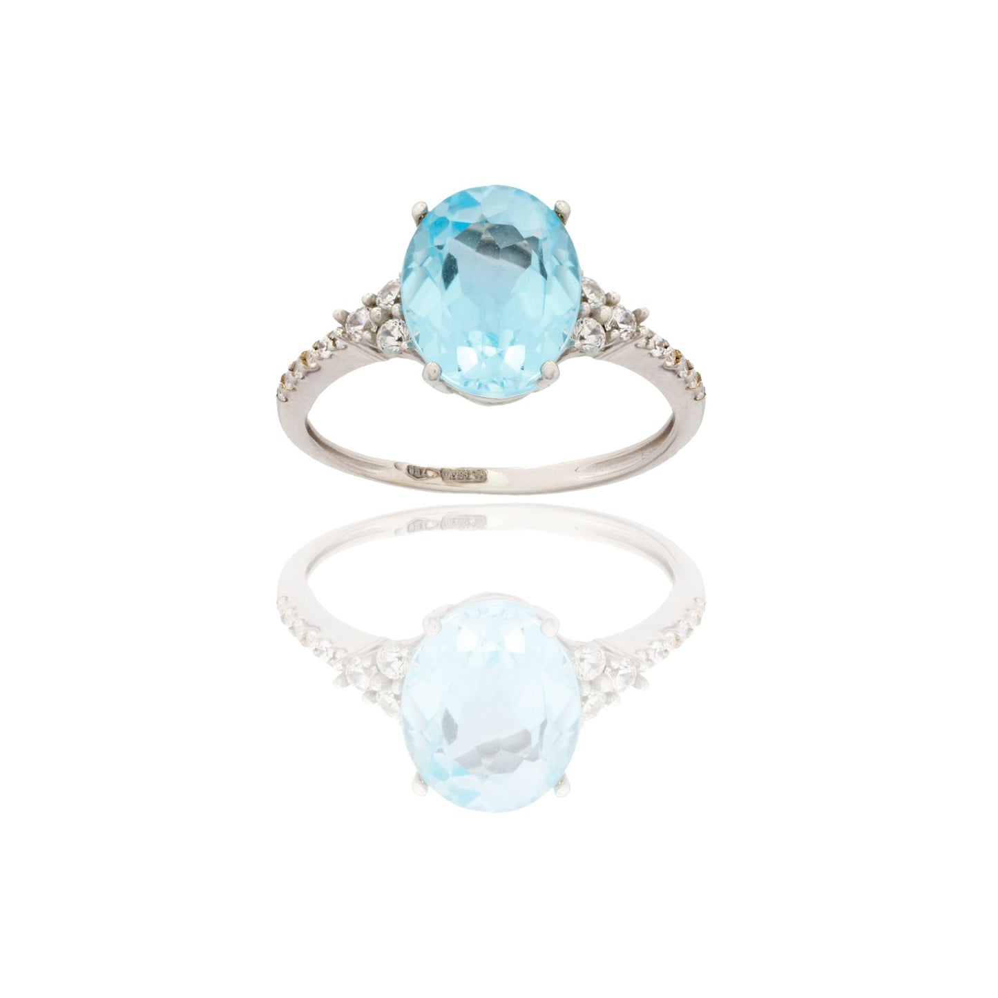 Anello Oro Bianco Oro 18 carati Solitario Con Mezzo Pave' Zirconi Bianchi, Zircone Azzurro