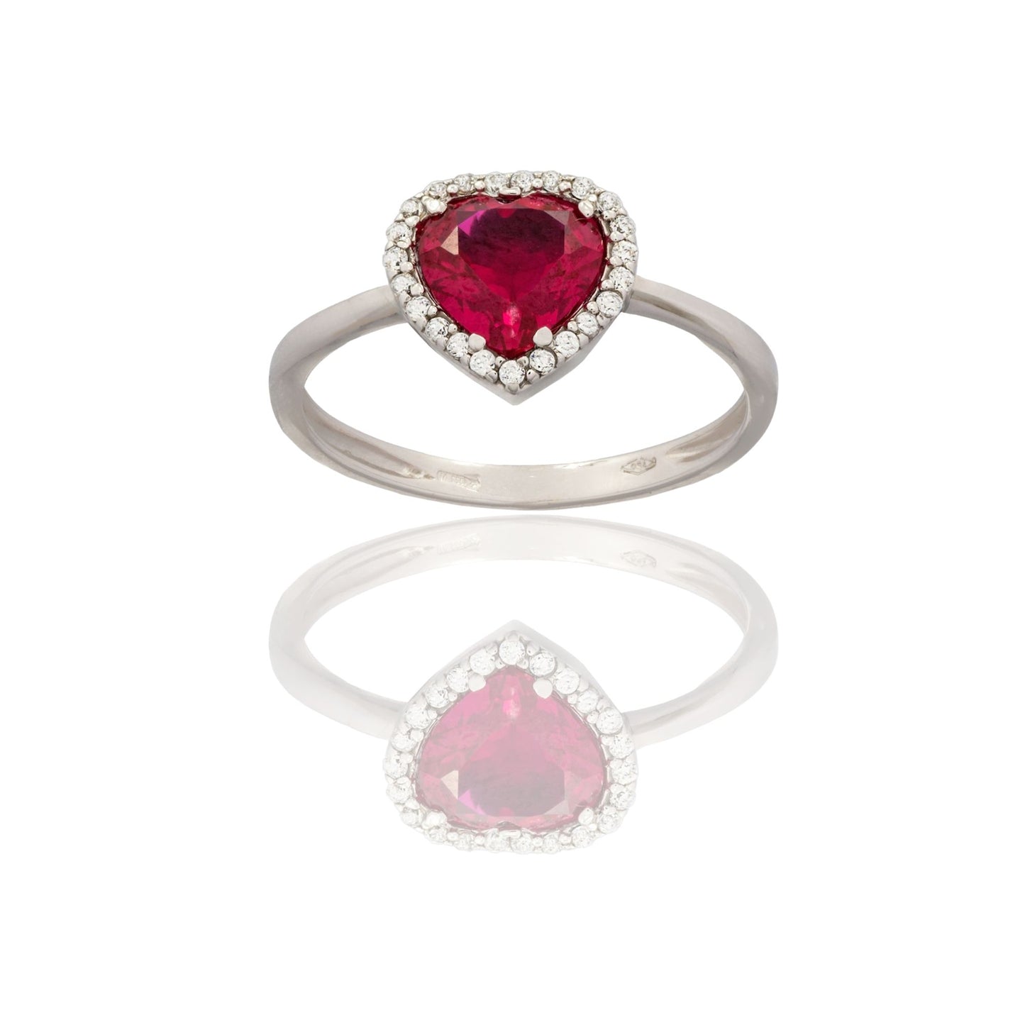 Anello Oro Bianco Oro 18 carati Cuore Con Contorno Pave' Zirconi Bianchi, Zircone Rosso
