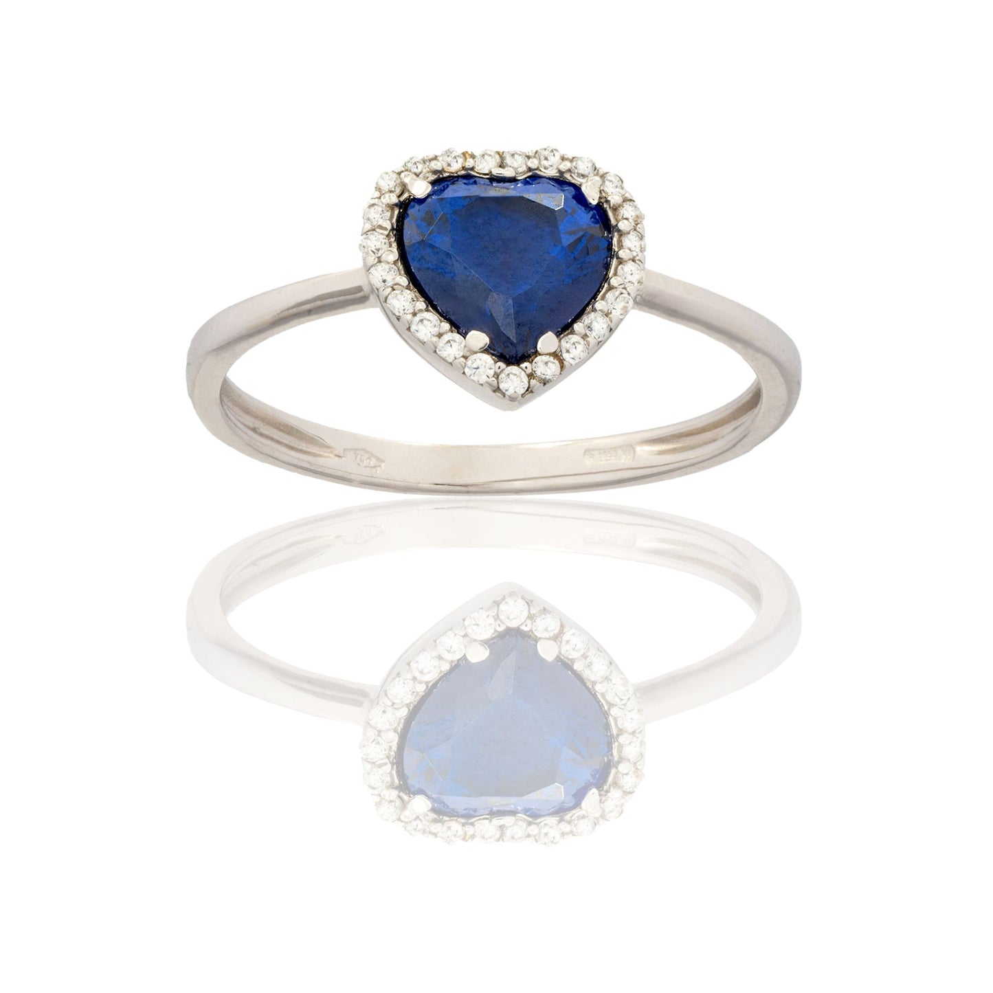 Anello Oro Bianco Oro 18 carati Cuore Con Contorno Pave' Zirconi Bianchi, Zircone Blu spessore gambo mm. 2 spessore pietre 9