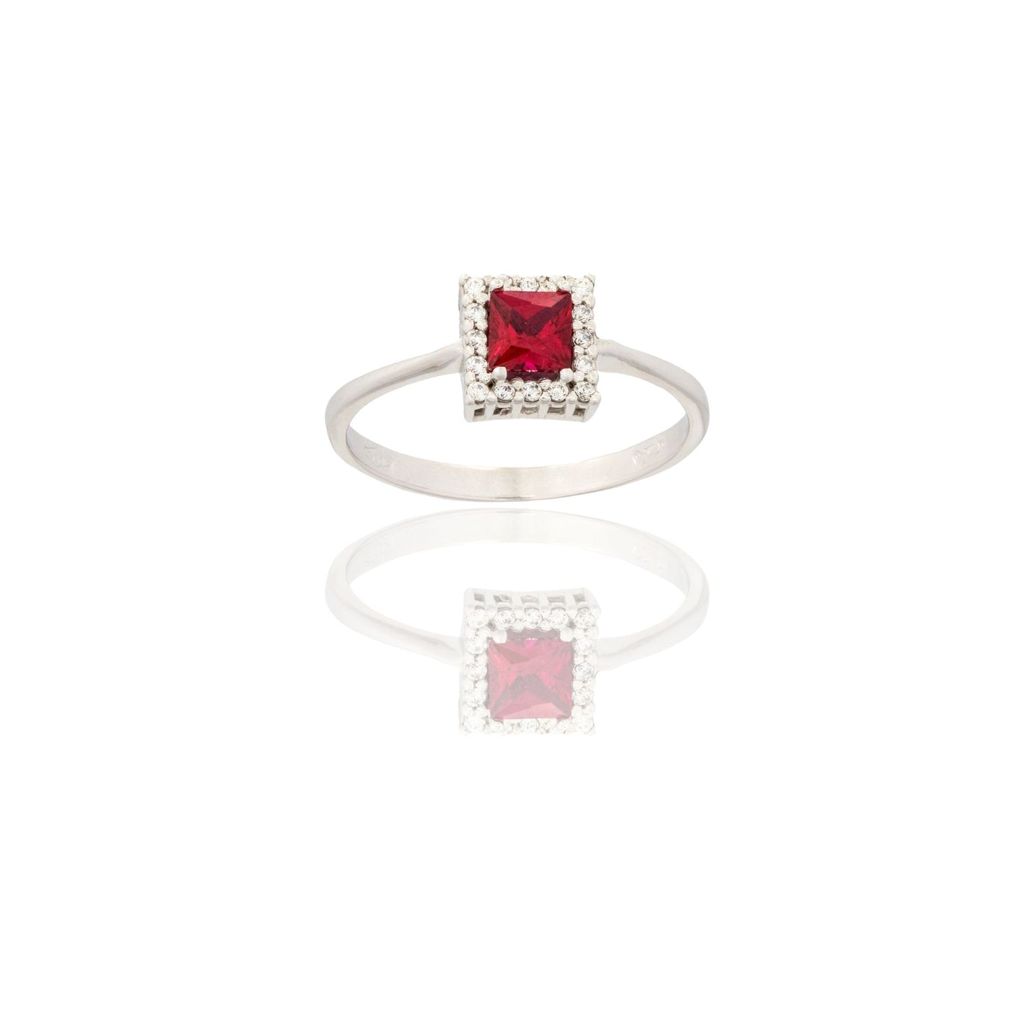 Anello Oro Bianco Oro 18 carati Quadrato Centro E Contorno Zirconi Bianchi, Zircone Rosso spessore gambo mm. 2 spessore pietre 6,8