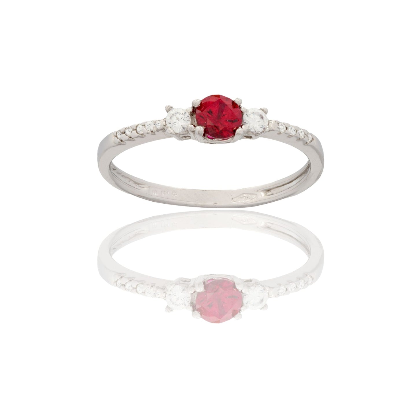Anello Oro Bianco Oro 18 carati Mezza Veretta Con Centrale Zirconi Bianchi, Zircone Rosso spessore gambo mm. 1,7 spessore pietre 4