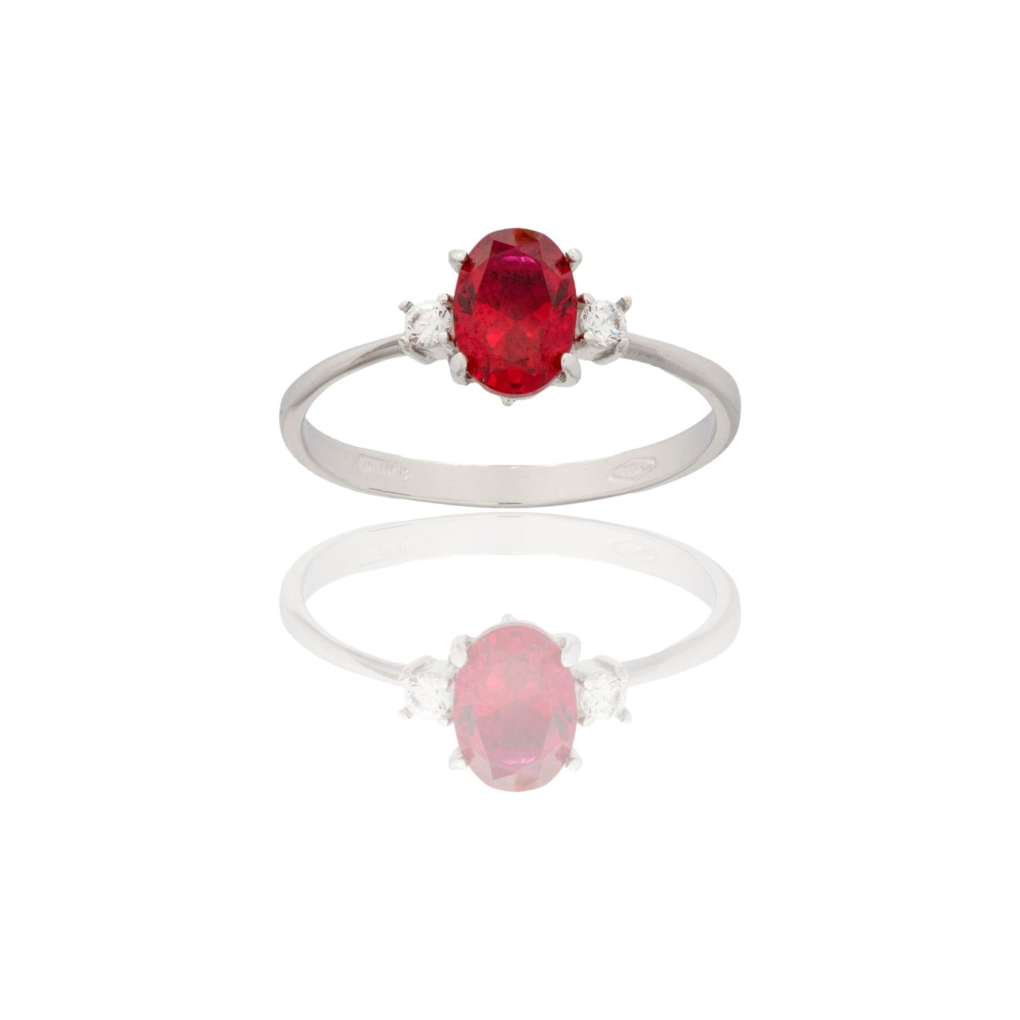 Anello Oro Bianco Oro 18 carati Solitario Zirconi Bianchi, Zircone Rosso