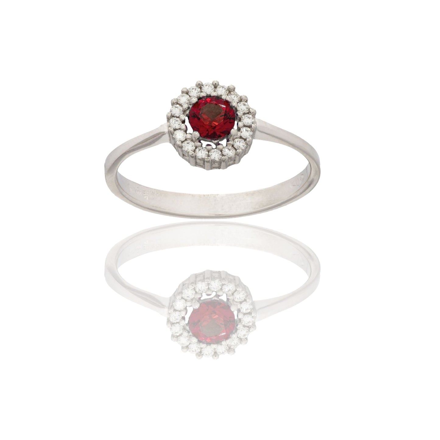 Anello Oro Bianco Oro 18 carati Tondo Centro E Contorno Zirconi Bianchi, Zircone Rosso spessore gambo mm. 2,3 spessore pietre 7,6
