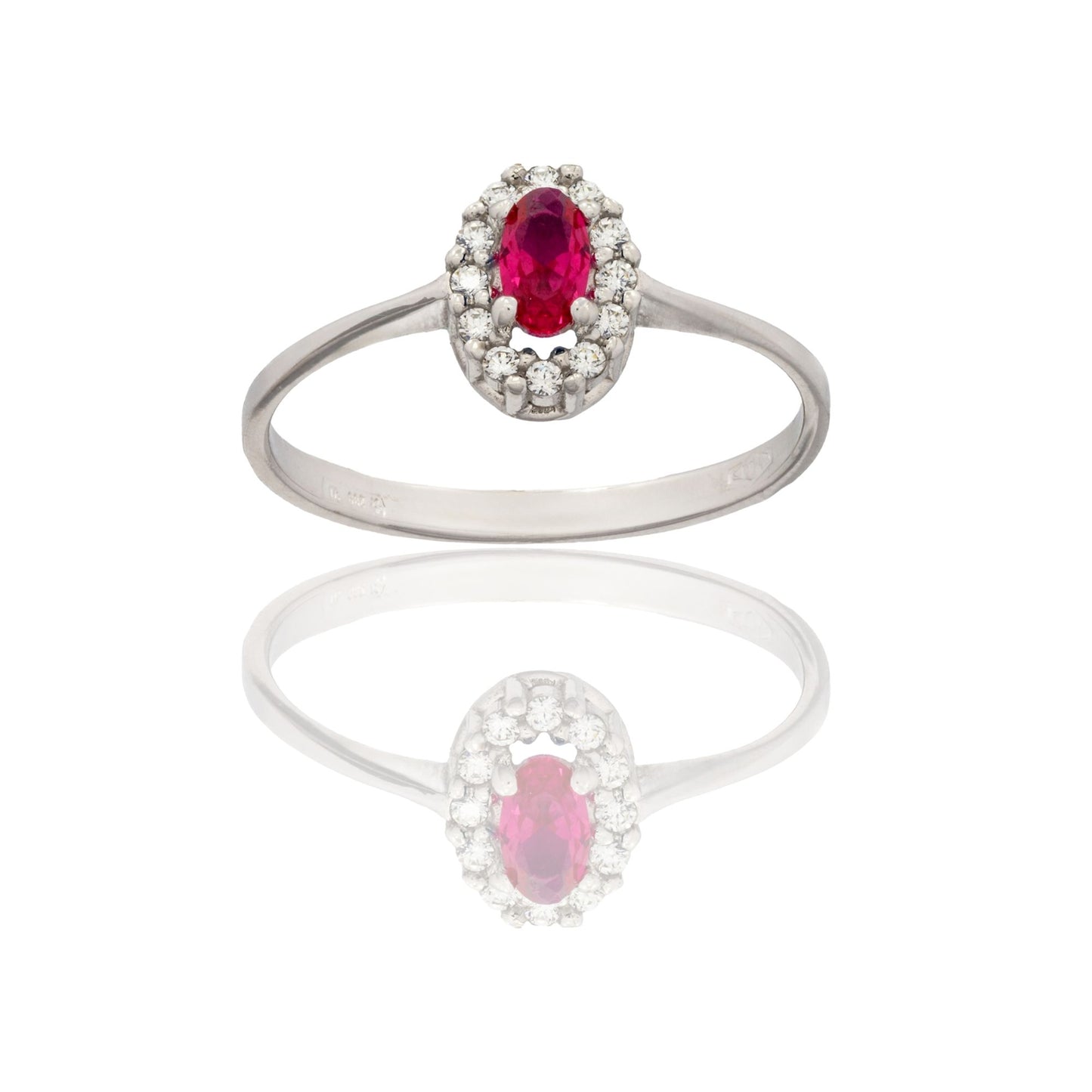Anello Oro Bianco Oro 18 carati Modello Kate Centro E Contorno Zirconi Bianchi, Zircone Rosso pessore gambo mm. 1,9 spessore pietre 8