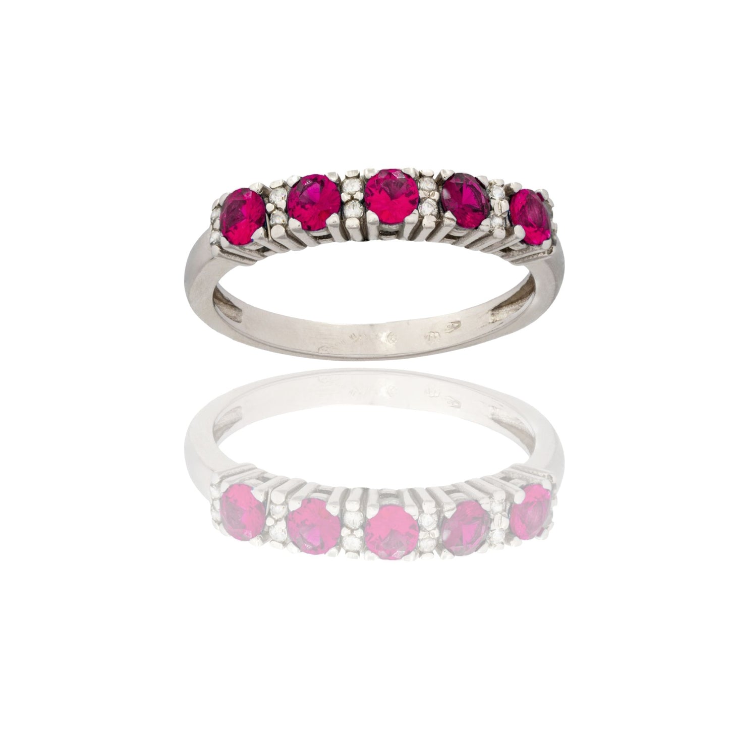 Anello Oro Bianco Oro 18 carati Veretta Zirconi Bianchi, Zirconi Rossi pessore gambo mm. 2 spessore pietre 3,3