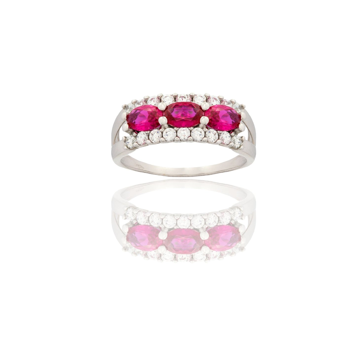 Anello Oro Bianco Oro 18 carati Trilogy Con Pave' Zirconi Bianchi, Zirconi Rossi spessore gambo mm. 1,7 spessore pietre 7,6