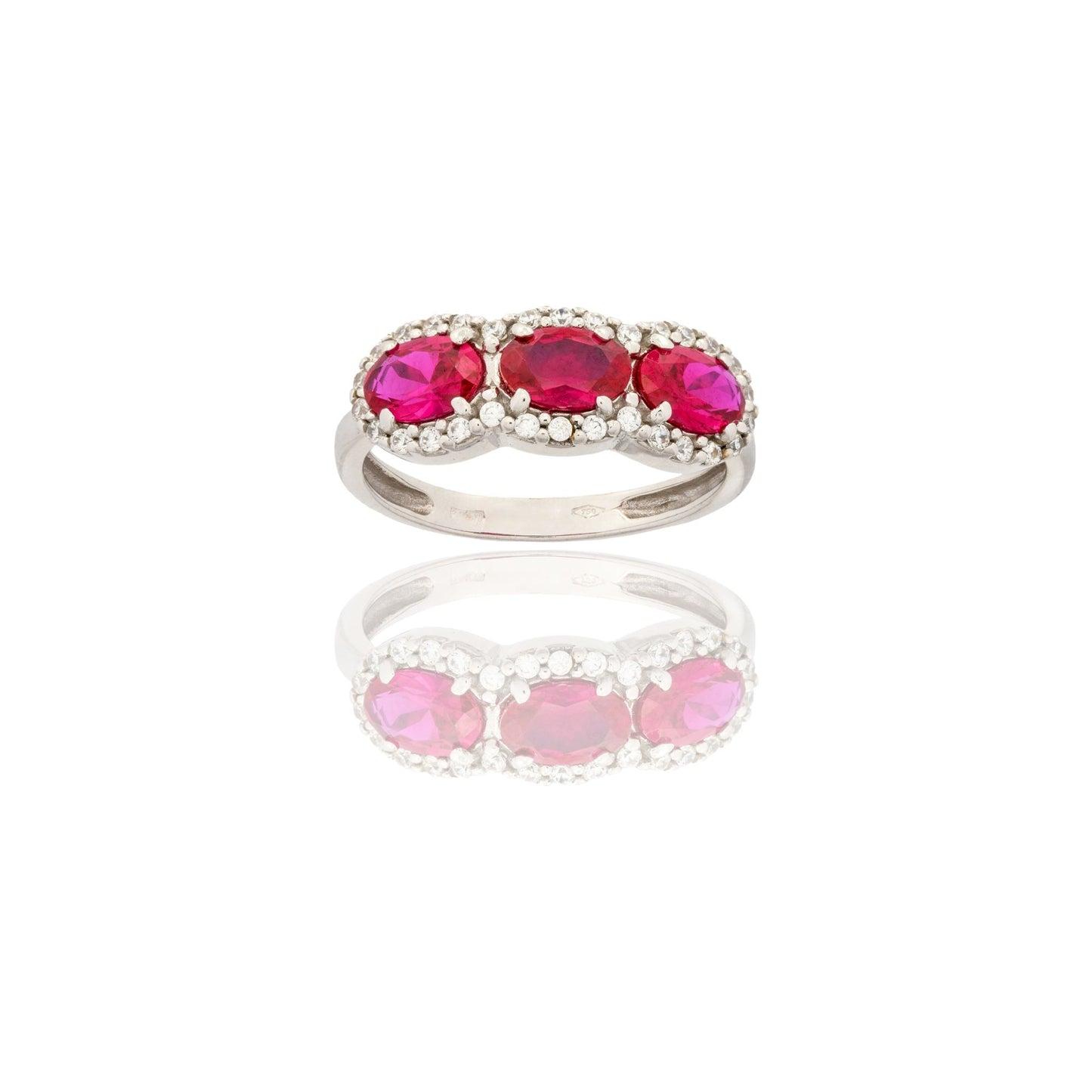 Anello Oro Bianco Oro 18 carati Trilogy Con Pave' Zirconi Bianchi, Zirconi Rossi spessore gambo mm. 2,3 spessore pietre 6,8