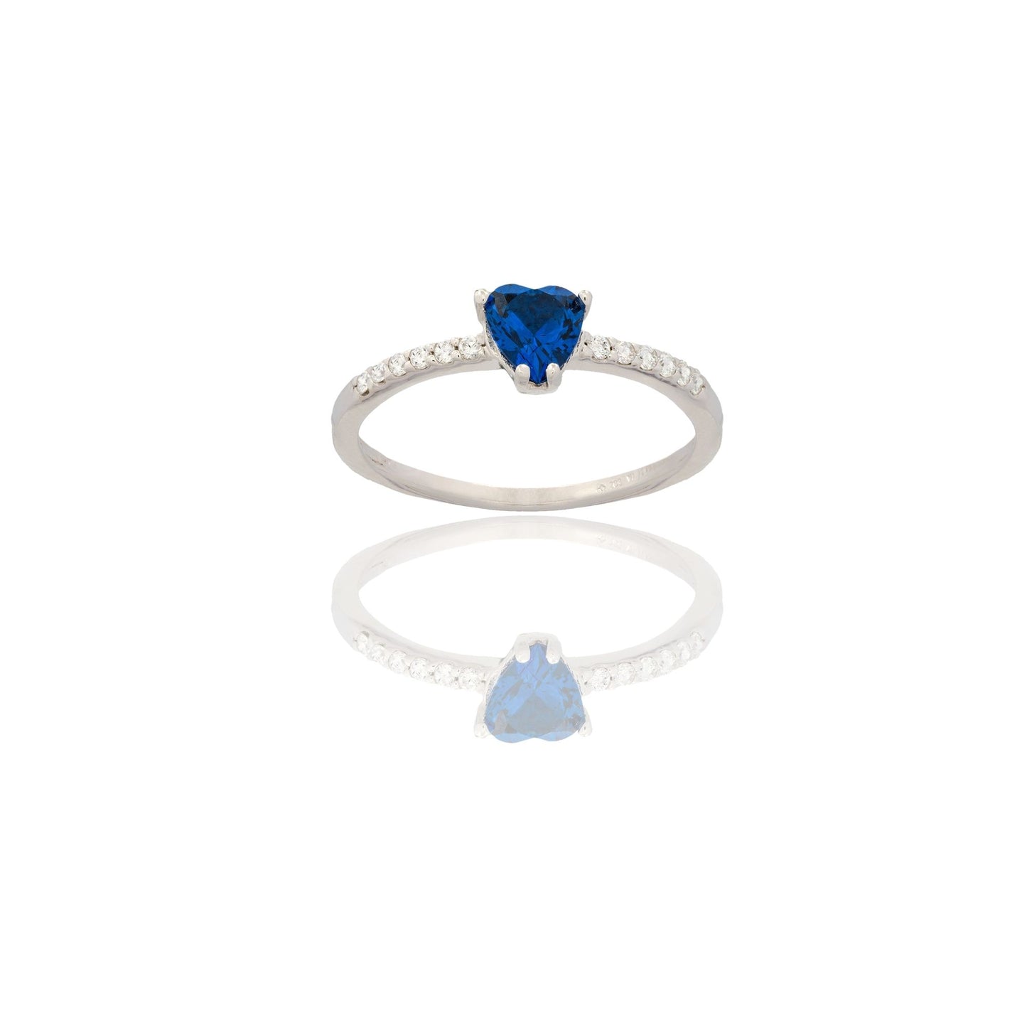 Anello Oro Bianco Oro 18 carati Solitario Cuore Con Pave' Zircone Blu, Zirconi Bianchi