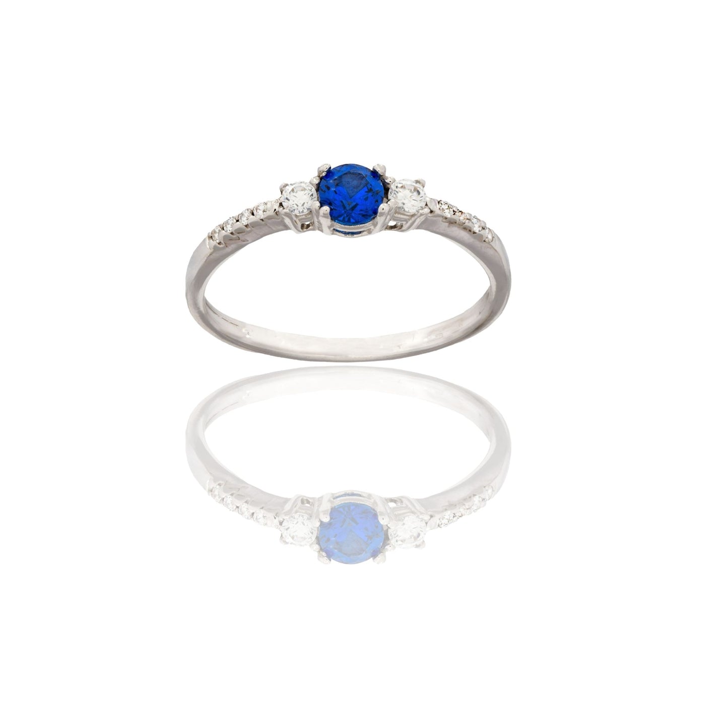 Anello Oro Bianco Oro 18 carati Mezza Veretta Con Centrale Zircone Blu, Zirconi Bianchi spessore gambo mm. 1,7 spessore pietre 4