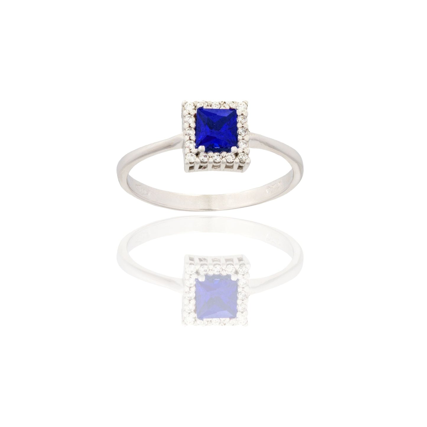 Anello Oro Bianco Oro 18 carati Quadrato Centro E Contorno Zircone Blu, Zirconi Bianchi spessore gambo mm. 2 spessore pietre 7