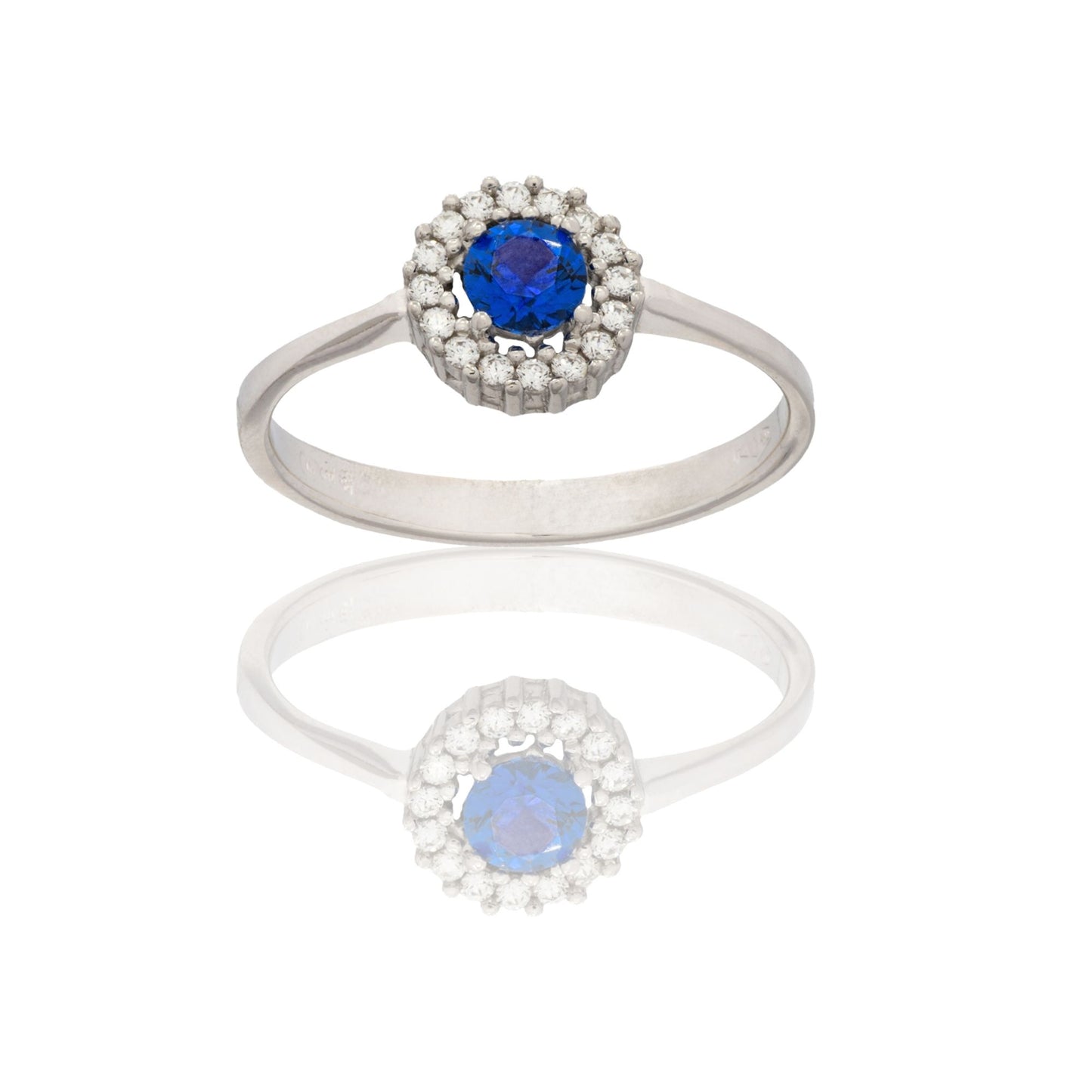 Anello Oro Bianco Oro 18 carati Tondo Centro E Contorno Zircone Blu, Zirconi Bianchi spessore gambo mm. 2,3 spessore pietre 7,6