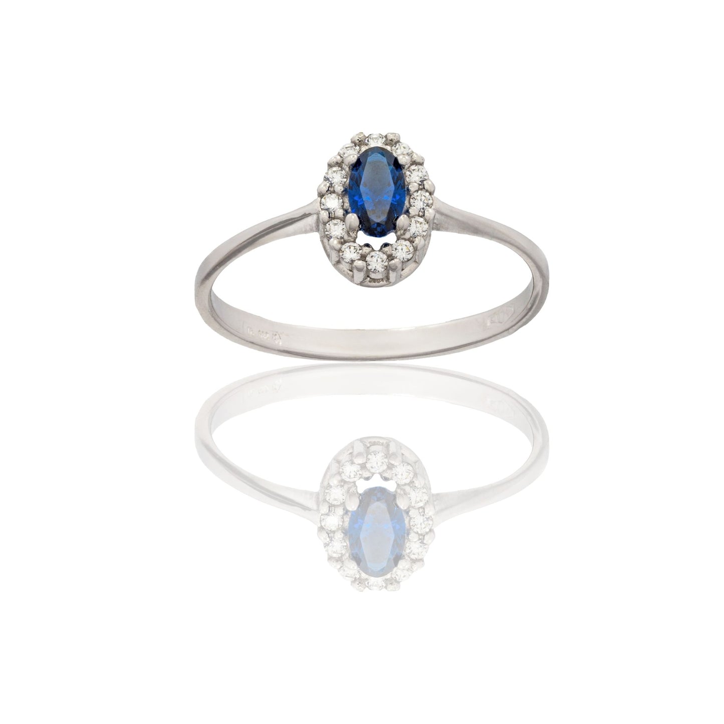 Anello Oro Bianco Oro 18 carati Modello Kate Centro E Contorno Zircone Blu, Zirconi Bianchi spessore gambo mm. 2