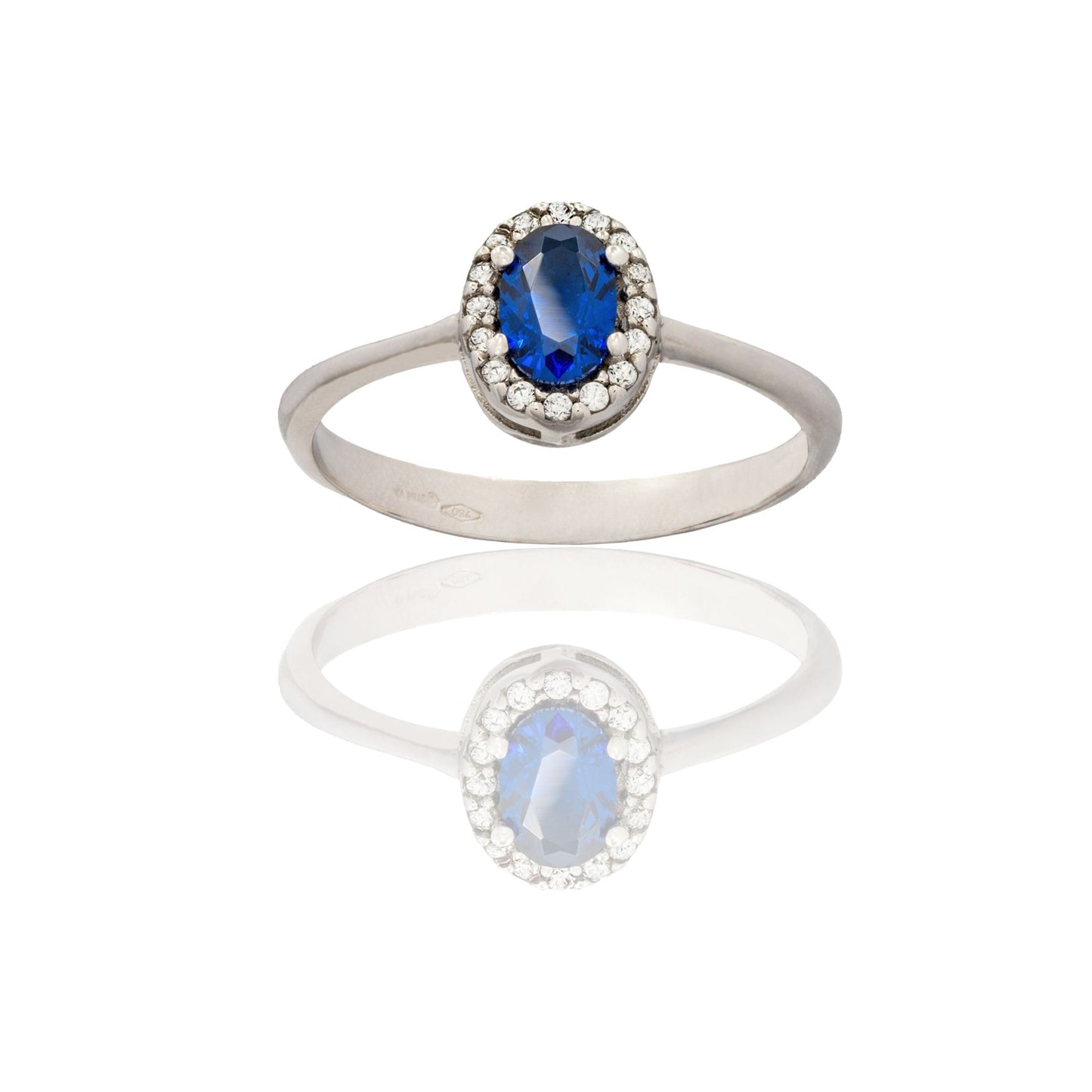 Anello Oro Bianco Oro 18 carati Ovale Centro E Contorno Zircone Blu, Zirconi Bianchi spessore gambo mm. 2