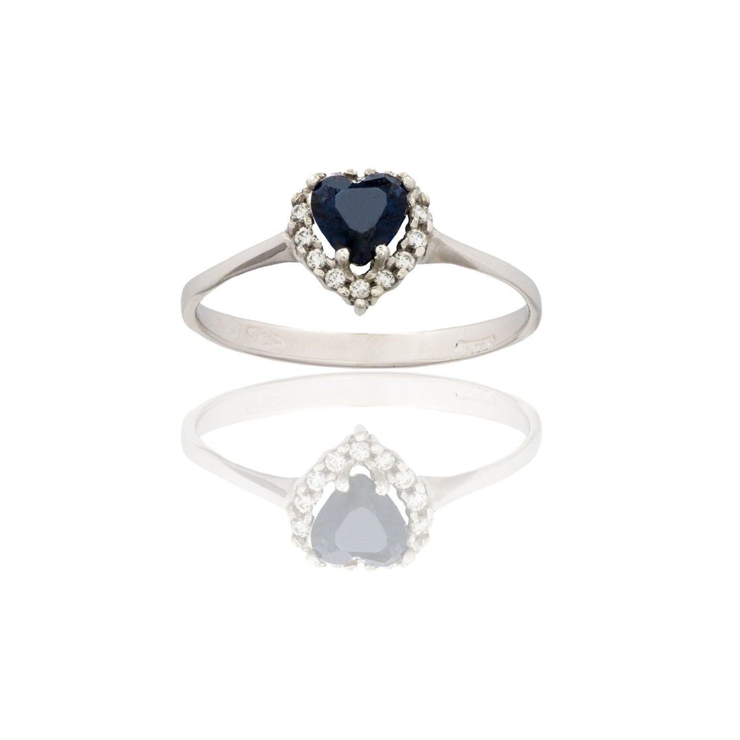Anello Oro Bianco Oro 18 carati Cuore Centro E Contorno Zircone Blu, Zirconi Bianchi spessore gambo mm. 2 spessore pietre 8