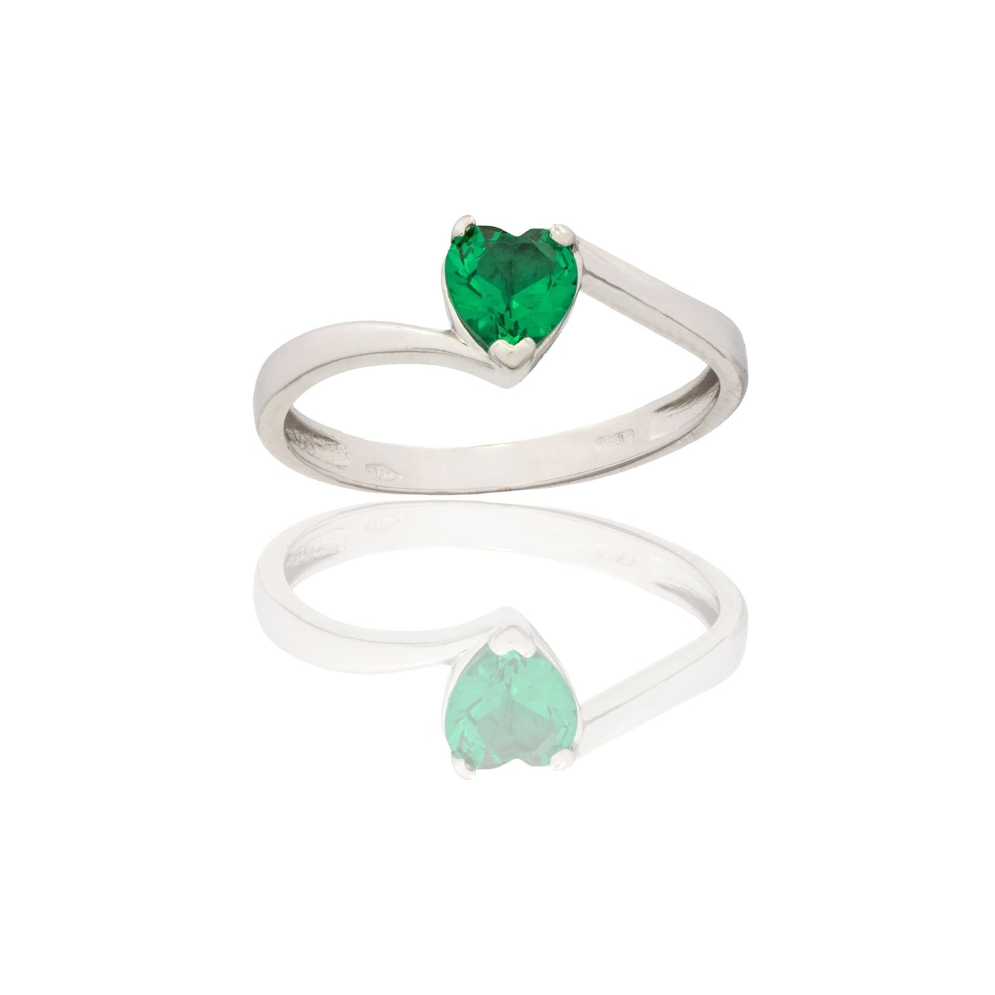 Anello Oro Bianco Oro 18 carati Solitario Cuore Gambo A Onda Zircone Verde spessore gambo mm. 2 spessore pietra 5,6