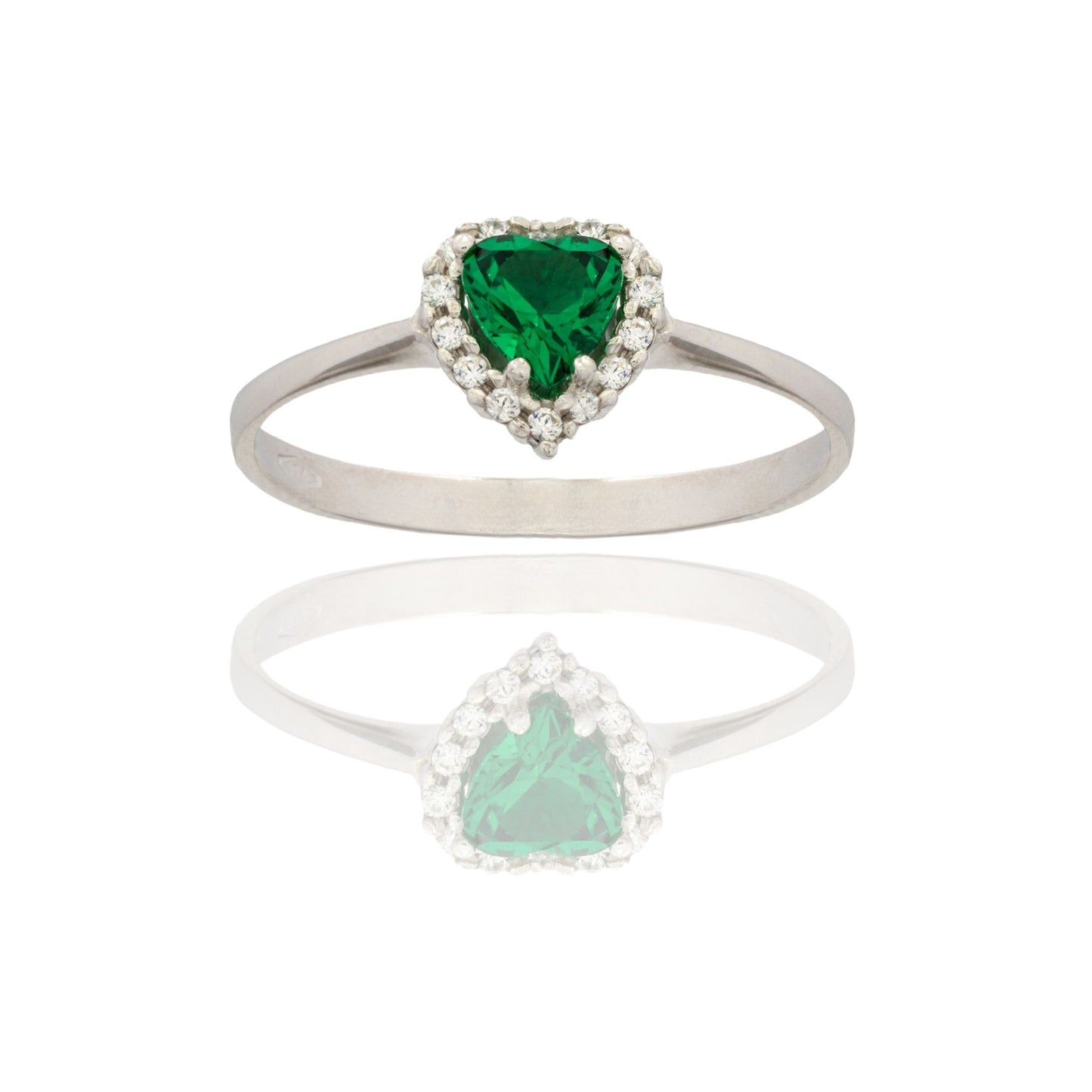 Anello Oro Bianco Oro 18 carati Cuore Centro E Contorno Zirconi Bianchi, Zircone Verde