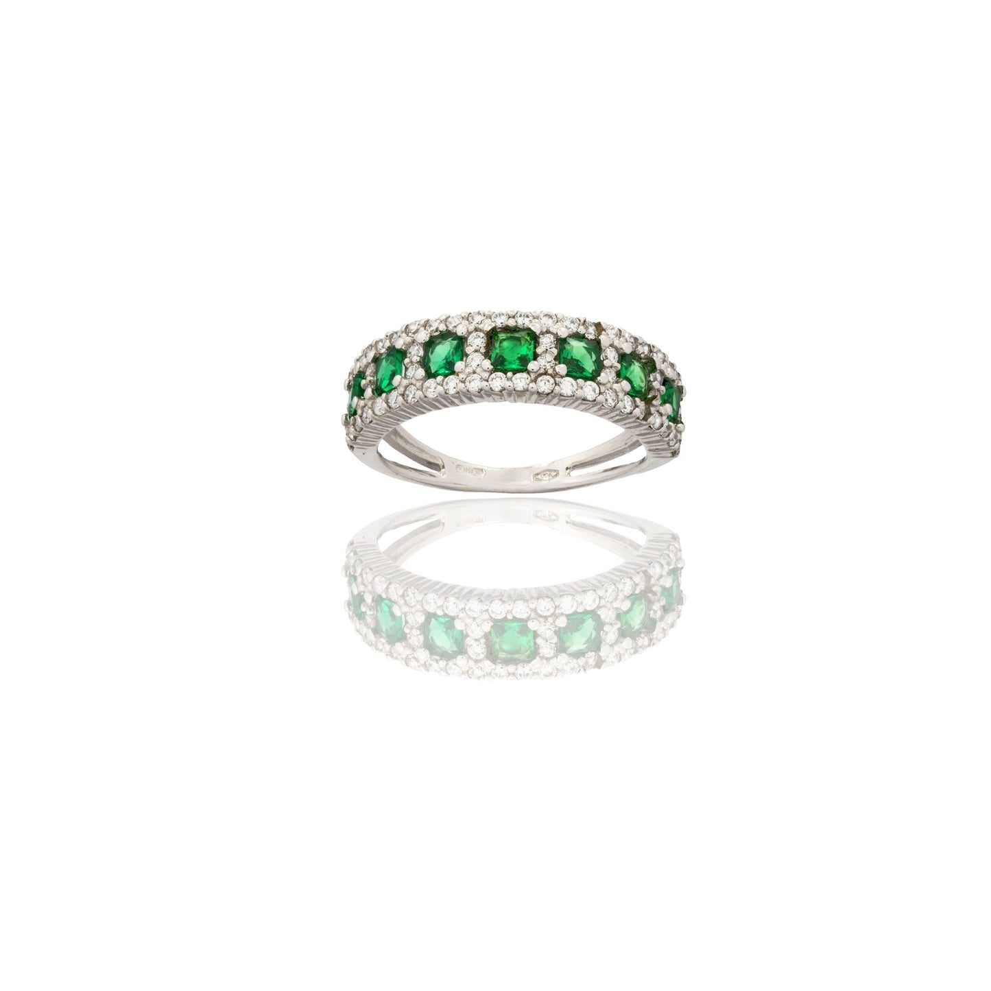 Anello Oro Bianco Oro 18 carati Veretta 7 Pietre Doppio Gambo Zirconi Bianchi, Zirconi Verdi