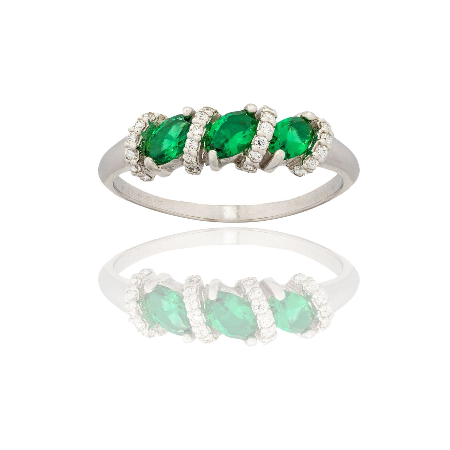 Anello Oro Bianco Oro 18 carati Trilogy Con Pave' Zirconi Bianchi, Zirconi Verdi