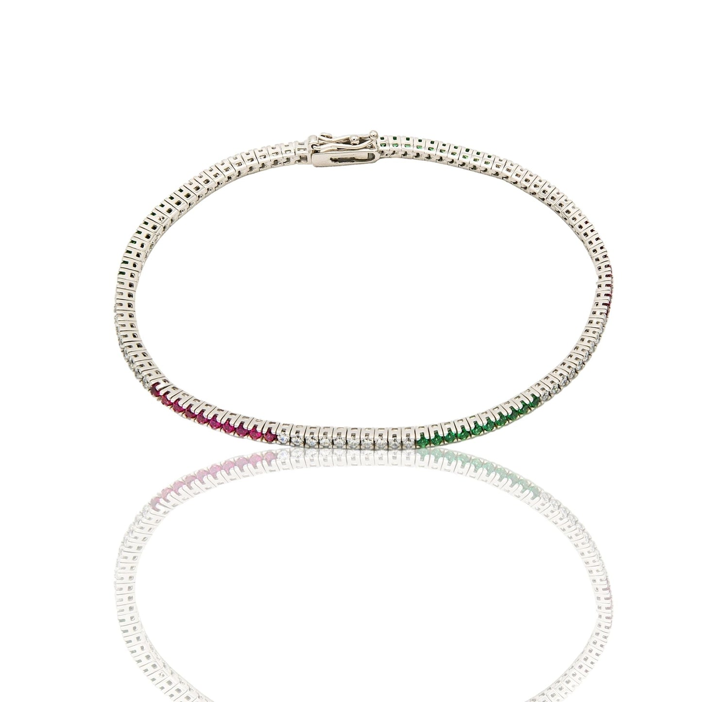 Bracciale Oro Bianco Oro 18 carati Tennis con bandiera italiana Zirconi Bianchi, Zirconi Verdi, Zirconi Rossi lunghezza 18cm spessore mm 1,8