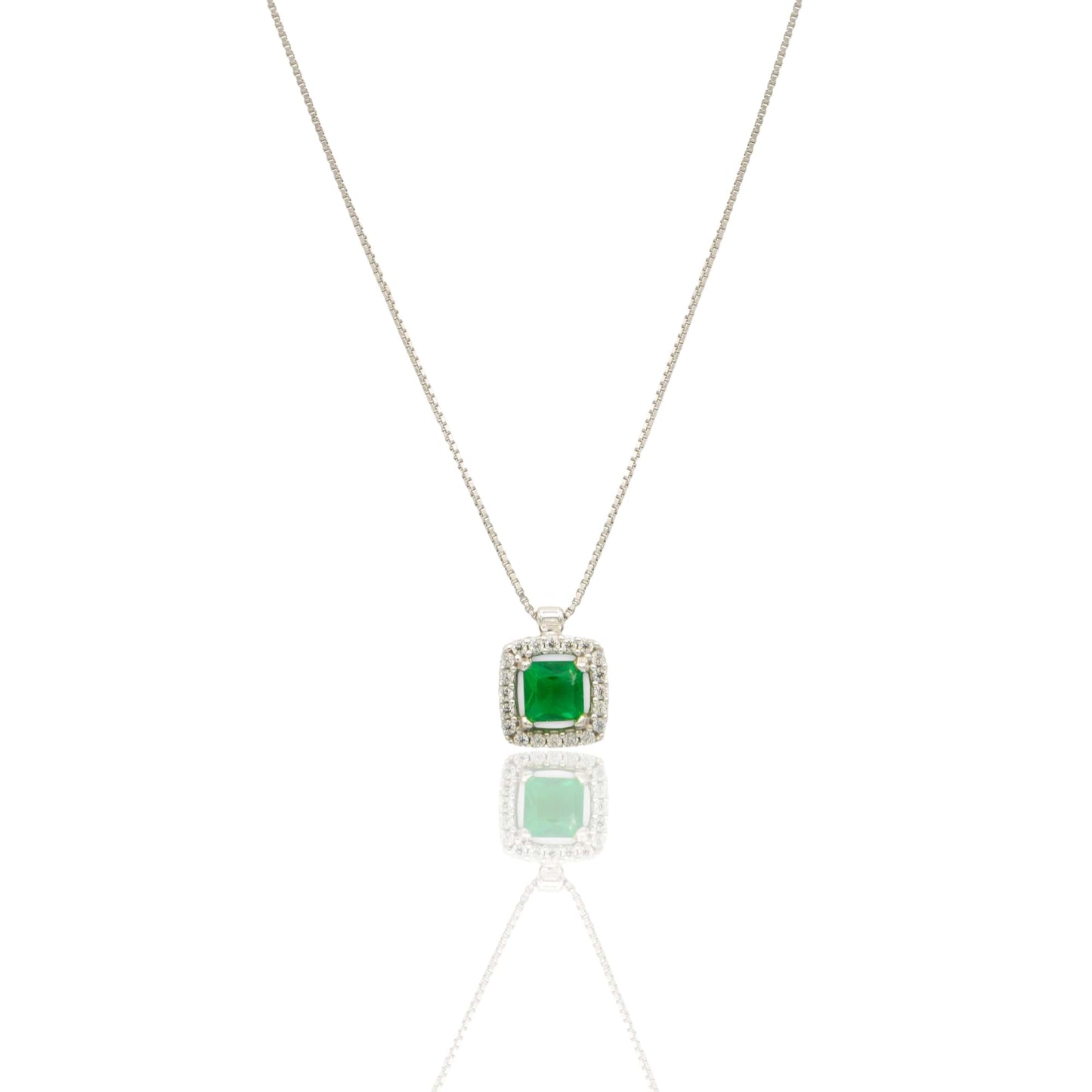 Collana Oro Bianco Oro 18 carati Quadrato Centro E Contorno Pavè Zirconi bianchi, Zircone Verde