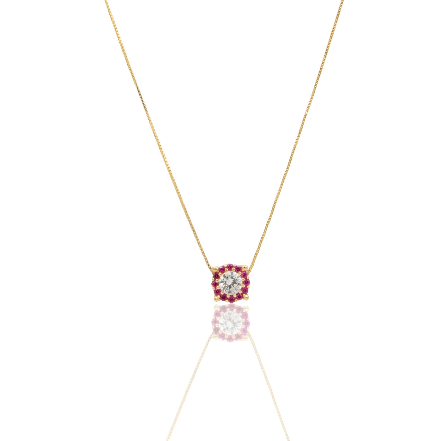 Collana Oro Giallo Oro 18 carati Quadrato Centro E Contorno Pavè Zirconi Rossi, Zirconi Bianchi