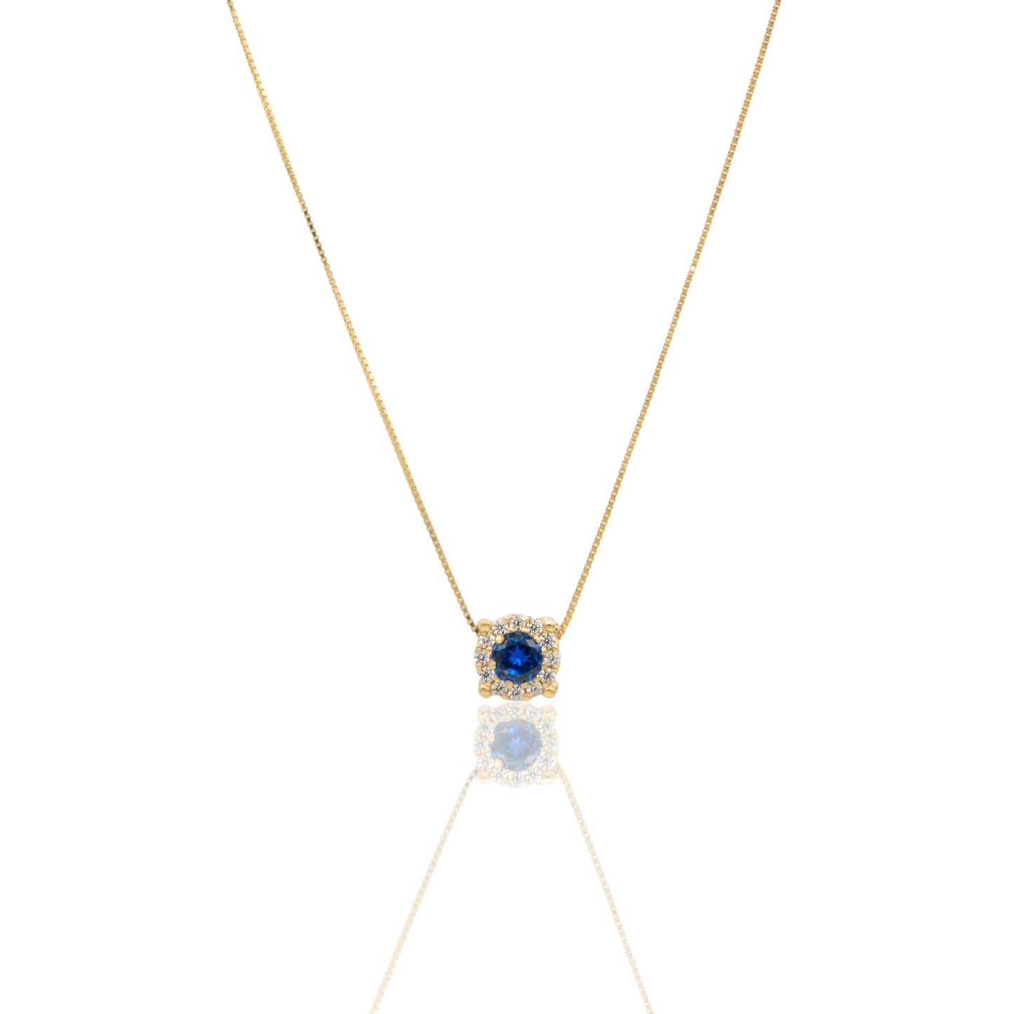 Collana Oro Giallo Oro 18 carati Quadrato Centro E Contorno Zircone Blu, Pavè Zirconi bianchi