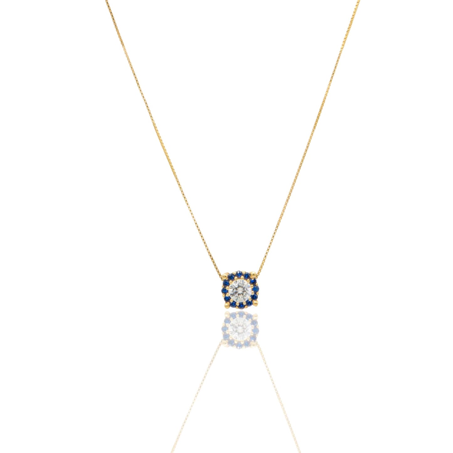 Collana Oro Giallo Oro 18 carati Quadrato Centro E Contorno Pavè Zirconi Blu, Zircone Bianco