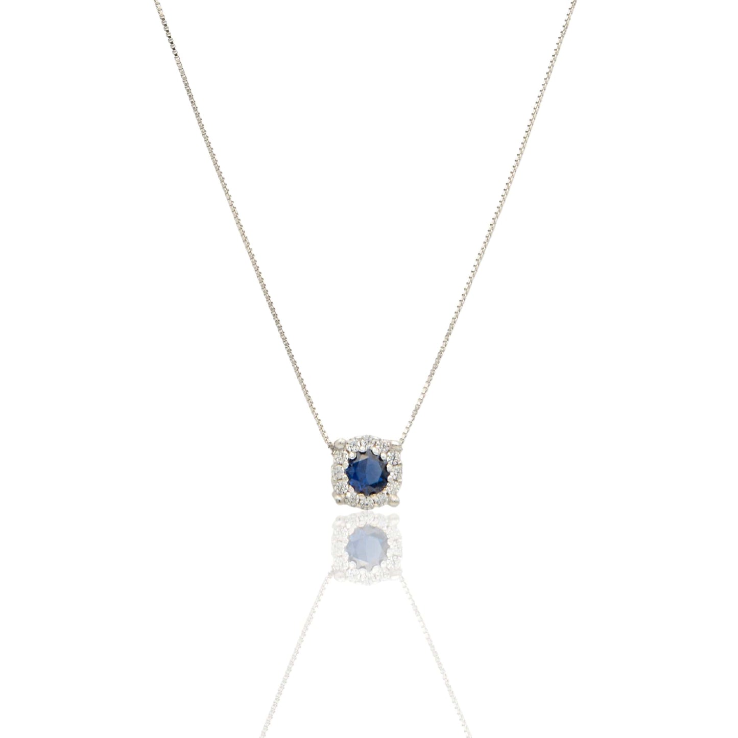 Collana Oro Bianco Oro 18 carati Quadrato Centro E Contorno Pavè Zirconi bianchi, Zircone Blu